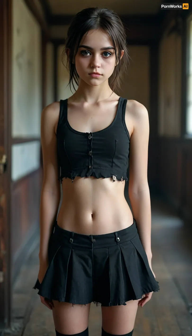 petite student, ripped revealing clothes, goth, Small tits, full body view, <lora:MJ52:.6>, Tinymodel, young, schoolgirl, pretty young, Young girls, 18 years old, perfect face, dark brown eyes, cute, closeup, petite body, smokey eyes, full body photo, beautiful face
