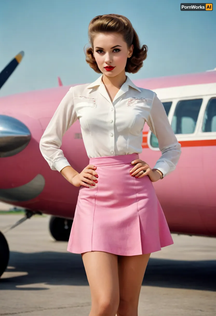 Russian 23yo Slavic beauty, flight attendant 1950s style, on the airfield, posing for fashion magazines, pink miniskirt with split, white sheer blouse, USSR poster, USSR postcard, 1950s, USSR epoch, pin-up poster style, postcard style, soviet poster art, Soviet advertising art, (lithography, high detailed paper texture), (1950s vintage color photography:1.3), 1950s analog photo for soviet magazine, (realistic hair, realistic face, realistic anatomy, realistic pose), full-length image, period-accurate photo, maximum contrasted image, maximum saturated image