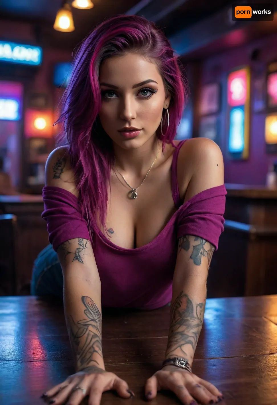 neonpunk style, 25 year old woman, tattoos, piercings, crawling on the table, (crawling towards you), on hands and knees, focus on pretty face, long hair, (loose off the shoulder t shirt), (oversized t shirt), down blouse, seductive, horny expression, dive bar, cyberpunk, vaporwave, neon, vibes, vibrant, stunningly beautiful, crisp, hyper realistic, sleek, magenta highlights, dark purple shadows, <lora:attractive_notrigger:.5>, <lora:dark:.2>