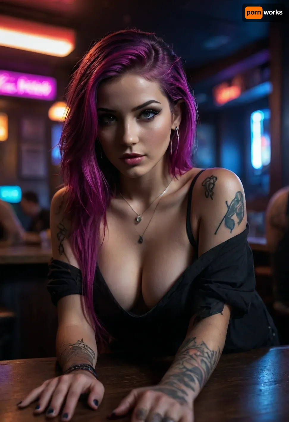 neonpunk style, 25 year old woman, small tits, tattoos, piercings, crawling on the table, (crawling towards you), on hands and knees, focus on pretty face, long hair, (loose off the shoulder t shirt), (oversized t shirt), black shirt, down blouse, seductive, horny expression, restaurant booth, dive bar, nightclub, punk style, cyberpunk, vaporwave, neon, vibes, vibrant, stunningly beautiful, crisp, hyper realistic, sleek, magenta highlights, dark purple shadows, <lora:attractive_notrigger:.5>, <lora:dark:.3>