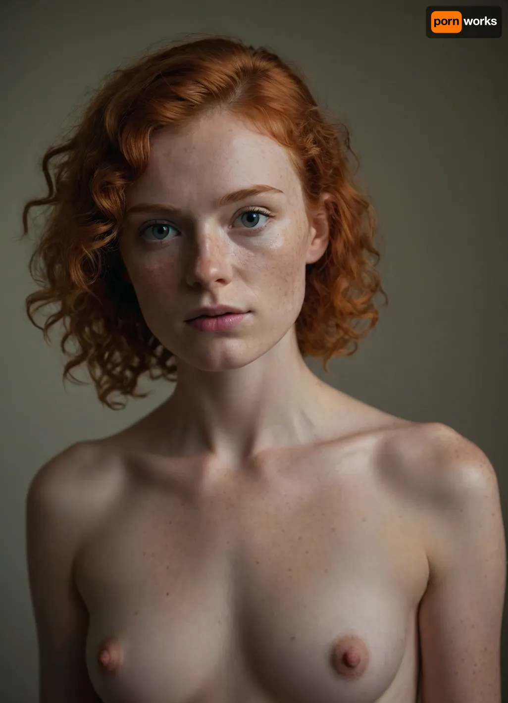 Full body shot, 20 year old ginger girl, lots of freckles, light red hair, very curly hair, mullet, small upturned nose, thin lips, big eyes, skinny body, lanky body, full frontal nudity, pointy nipples, pokey, ugly duckling, butterface, butter face, angular face with high cheekbones