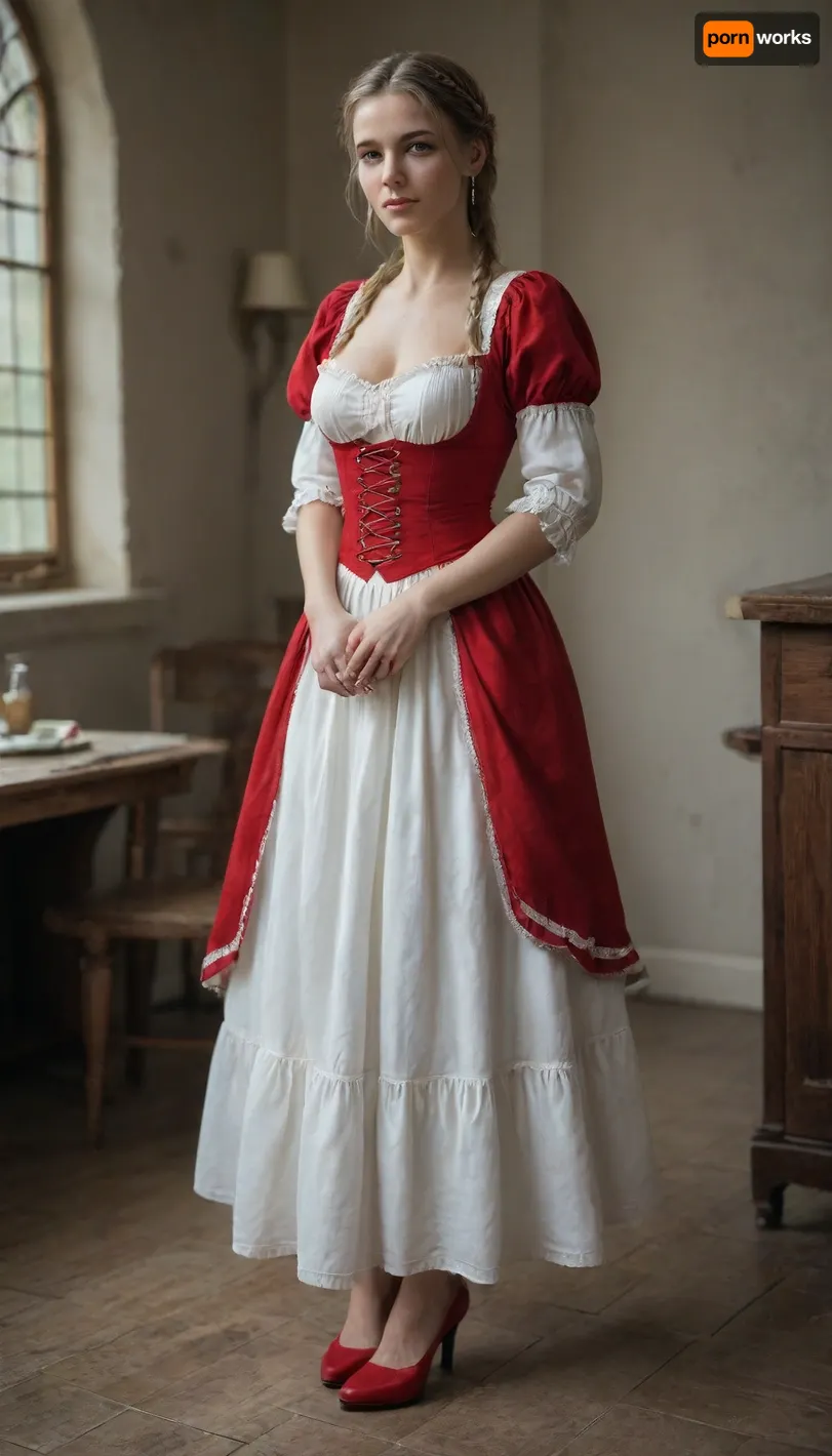 Medival Red Dirndl, long braid, red clothes, light brown hair, full body view, high heels, big tits