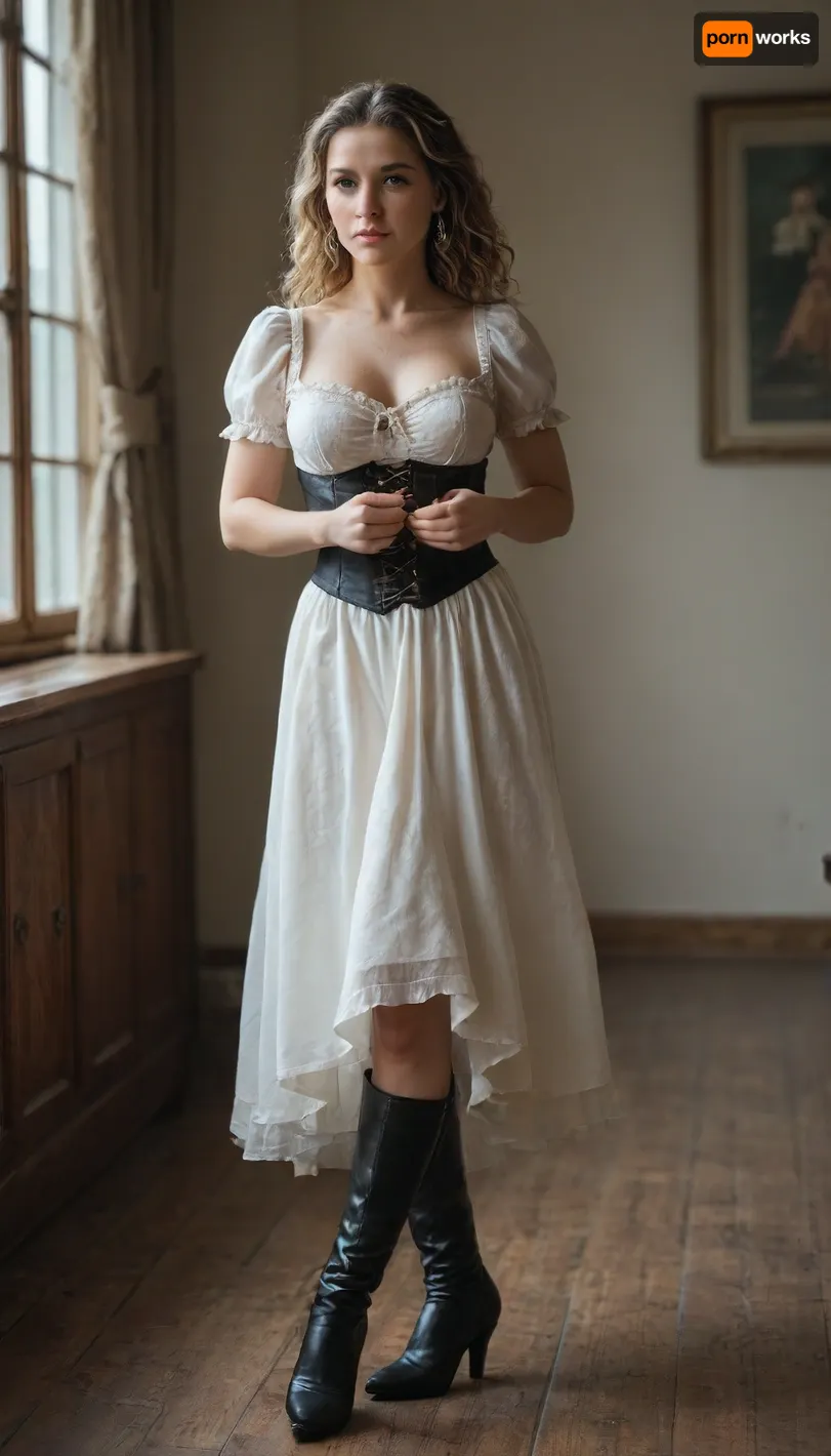 Medival, medival White Dirndl, full body view, high-heeled boots