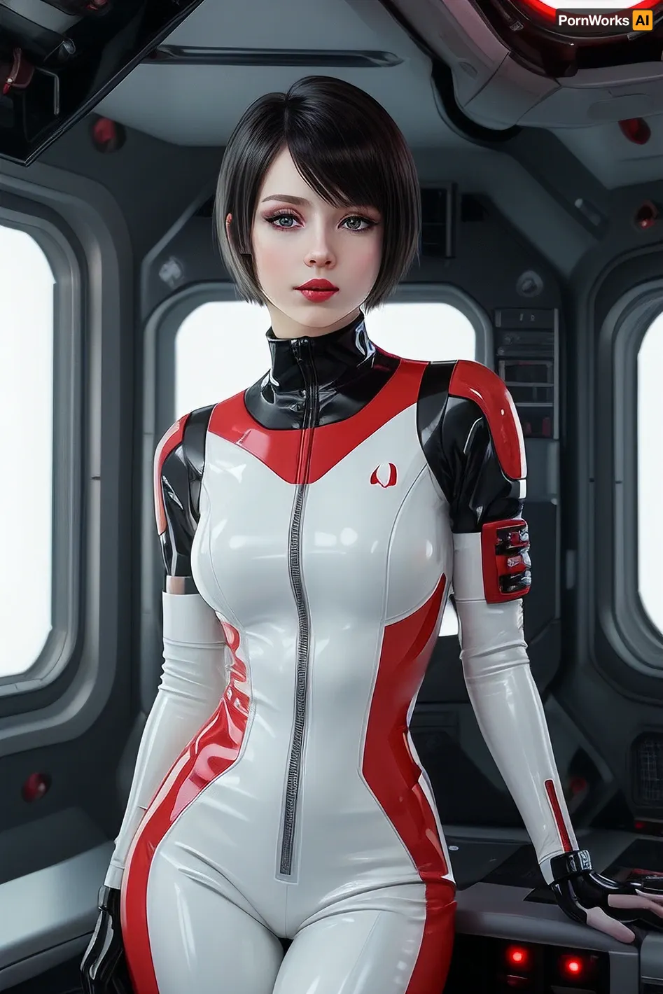 (photographic quality, extremely detailed, photorealistic), (highly detailed hair, highly detailed face, highly detailed skin, highly detailed eyes), (realistic interior details, realistic hair, realistic face, realistic anatomy, realistic pose), (detailed skin texture, skin imperfections), 19yo russian girl, tiny, petite, skinny, pale skin, ((black hair, short bobcut hairstyle)), large wide open grey eyes, red puffy lips, enigmatic smile, very tight white latex jumpsuit with red inserts, in the interior of a space station of the future, cyberpunk, retrofuturism, full-length image