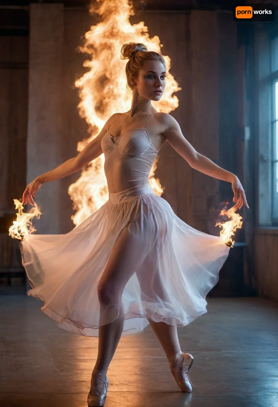 ballerina, topless, erect nipples, wearing only a skirt, white skirt on fire, (((skirt burning with flames))), long blonde hair, one hair bun. soft neon light, dramatic lighting, shadows dancing on walls, passionate dance of love and fire, ballerina spinning gracefully, Cyberpunk based background, reflective surfaces, expressive facial features, intense eyes, determined facial expression, focused gaze, poised body language, elegant dance poses, fluid movements, captivating choreography, dynamic energy, 4k resolution, masterpiece, <lora:Dance_Art:.8>