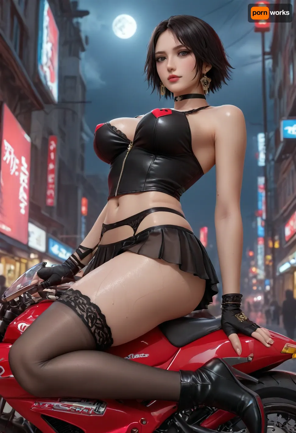 [基本], (((masterpiece))), (((best quality))), (((perfect face))), high detail, [脸型], a 27 years old Asian woman, ((bayonetta from Bayonetta), boa Hancock from One piece, mai shiranui), [表妆], smirk, cyan eyes, violet eyeshadow, blush, black short hair, wet, ((oiled skin)), ((sweaty)), [姿势], riding red motorcycle, one leg behind that motorcycle, looking at viewer, [体型], hourglass, voluptuous, large breasts, mini waist, long legs, [衣着], (black sleeveless micro jacket), one breasts pulled out, (black Heart-shaped leather nipple sticker), corset, (transparent garter belt), (see-through pleated skirt), thong, garter on legs, stockings, black leather heeled ankle boots, black leather fingerless gloves, [首饰], choker, [背景], spotlight shone on her body and creating a strong reflection from the side, light and shadow contrast, city street, (((cyberpunk))), night, after rain, close-up of stomach, ((deep depth of field)), perspectives, low angle shot, neon signs are shining, damp ground，big full moon behind see-through clouds, [插件], style, <lora:Pink_Lips:1>, <lora:sdxl_cyberpunk:.8>