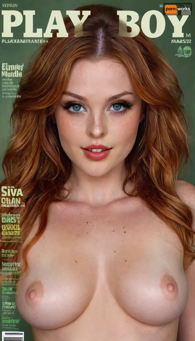A vintage image of an 18 year old freckled redhead Irish girl with beautiful highly detailed green eyes, ((magazine)), ((playboy cover)), 5'9" tall, 120 lbs, highly detailed long curly hair, full red lips, big round tits, cleavage, light breast areolas, sweet calm smile, flat stomach, highly detailed slender body, deeply tanned, narrow waist, shaved pussy, playboy, magazine, cover, <lora:playboy_cover_SDXL_v1:.5>, ellyclutch, <lora:ellyclutch:.8>