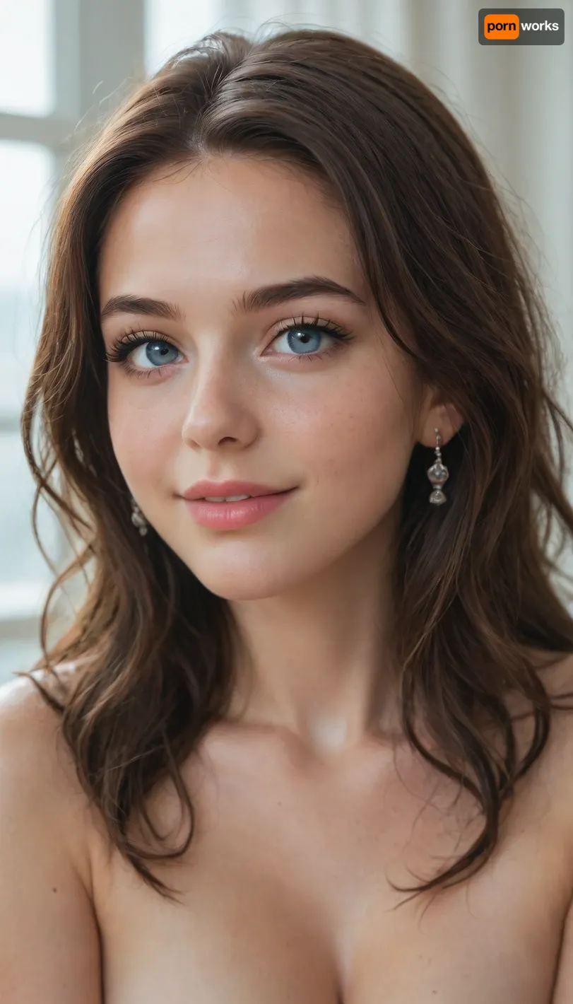 beautiful round face, big eyes, long brunette hair, beautiful body, beautiful smile, beautiful face, nude, blue eyes, sloppy facial