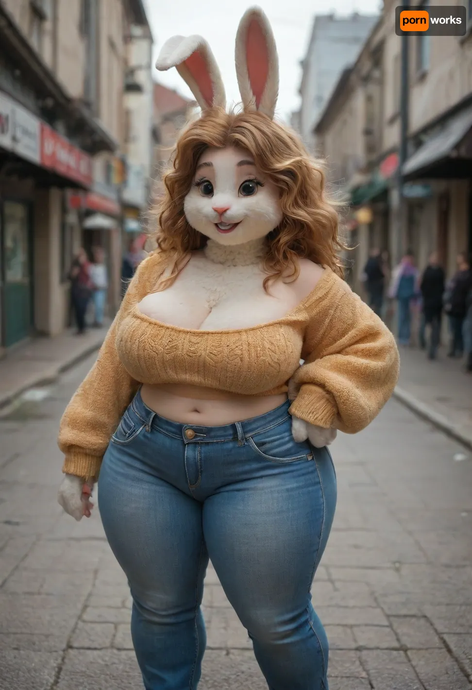 ((Bunny rabbit furry:1.8)), oversized curvy bbw, floppy big boobs, oversized wide hips, oversized thick thighs, smile, happy. Wearing oversized sweater, tight jeans, cleavage, decolette. Carrots in the hands. View from side, (animal)