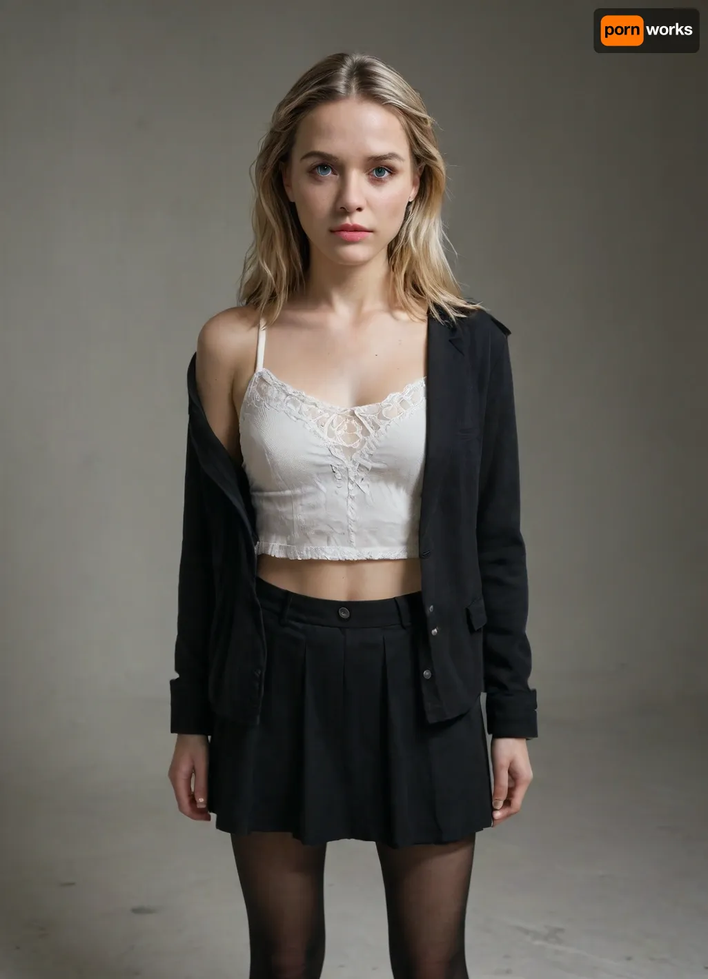 masterpiece, best quality, very aesthetic, absurdres, realistic, Sarah the Virgin Girl, opulent bedroom, soft lighting, 1 girl, standing, changing clothes, holding white blouse, black jacket, black short skirt, black tights, white socks, black pantyhose, canvas sneakers, blonde hair, blue eyes, slender shoulders, trembling fingers, biting lip, feeling uncomfortable, embarrassed, trustful, exploited, orchestrated scheme, dark underworld, sweat on face, anxiety, fear, vulnerability, dramatic lighting, detailed skin texture, realistic human-like face, detailed hands, detailed feet, long blonde hair, detailed skin, realistic face, slender, petite frame, party girl, detailed eyes, depth of field, focus on facial expression, emotional depth, intricate details, vibrant colors, capturing vulnerability, exploitation consequences, detailed textures, shadows, despair, trust, innocence, naive, assertive, innocence crumbles, hands shaking, averted eyes, realism, looking at viewer.