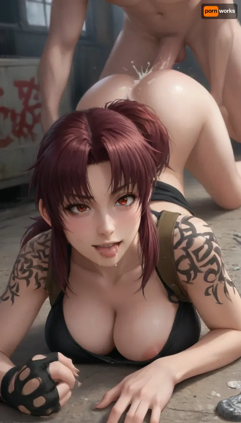 (Revy from Black Lagoon:1.5), hyper-realistic, (1, 9), wearing costume, she is being fucked senseless from behind by a man with an enormous penis, face on the floor, doggy style, (large breasts:1.2), smiling insanely, fucked silly, arched back, detailed face, very detailed, cum pooling on her back, pulling her hair, orgasm face, messy hair, cum on her back, side view, her ass is red from his hips slamming into them, ass up pose, nipple slip, excessive cum pouring out around his penis, projectile cum, cum on the ground, sweaty, Object, gd, sex, penis, large, one, breast, tongue, out, ahegao, drool, handrawn art style, marron, (dragon, ball_), <lora:Penis_XL:.5>, <lora:one breast out XL:.5>, Revy, 1girl, solo, long, hair, brown, eyes, ponytail, tattoo, tank, top, shoulder, revy, (black, lagoon), <lora:Revy:.8>