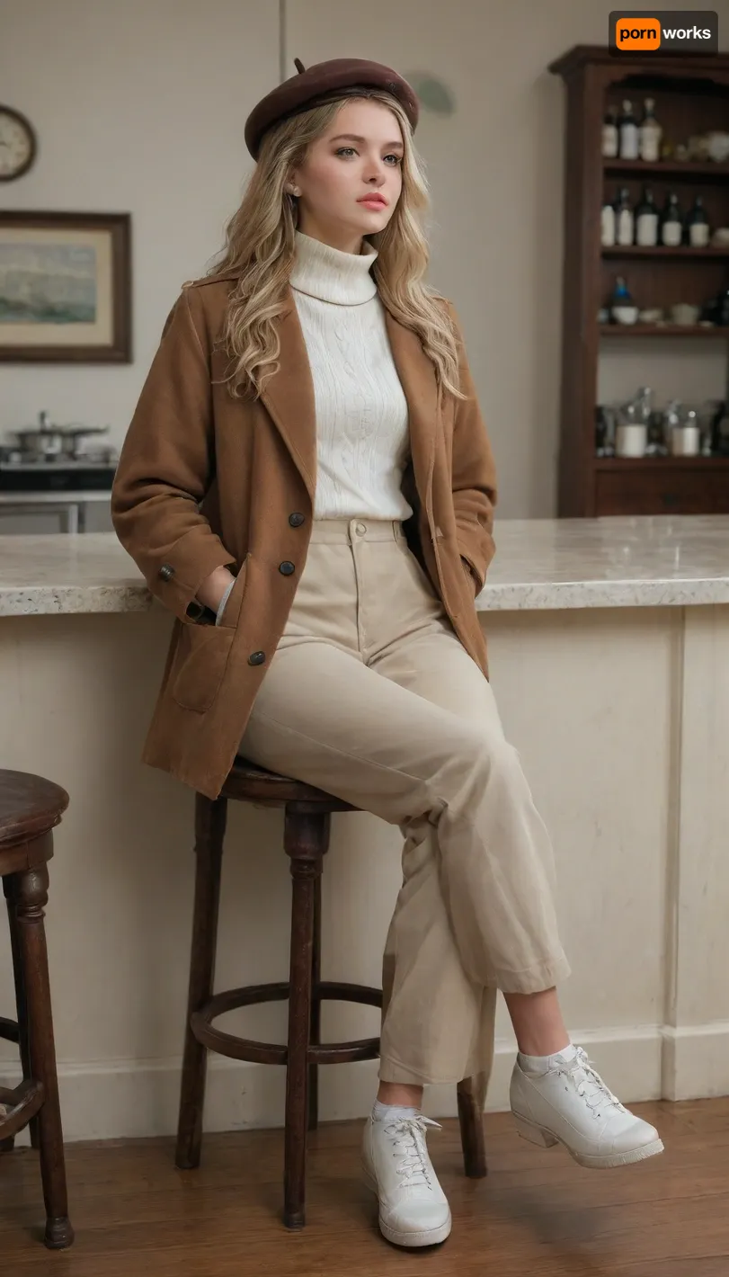 masterpiece, perfect face, 1 girls, long hair, blonde, adult, (bangs:1.1), (Realistic X:1.3), white turtle neck, pants, one hand in pocket, brown overcoat, brown beret, sitting counter chair, (looking away:1.1), white shoes, high chair, crossed legs