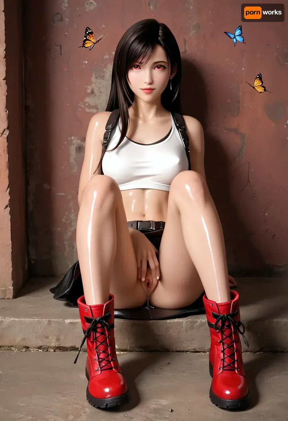 (head-to-toe view:1.3), (body sheen:1.7), (glistening skin:1.6), ((full body view)), 20 years old slender cute tall tall female, (best quality, masterpiece, illustration, designer, lighting), (extremely detailed CG 8k wallpaper unit), small breasts, (detailed and expressive eyes), detailed particles, beautiful lighting, legs spread, a cute tall girl, long braided brunette hair, leather mini skirt, no underwear, white cropped tank, red combat boots, (tifa lockhart), butterflies around, pulling up her mini skirt, masturbating rubbing her clitoris, pussy juices, final fantasy backdrop, (aerial view), lying down, looking to viewer