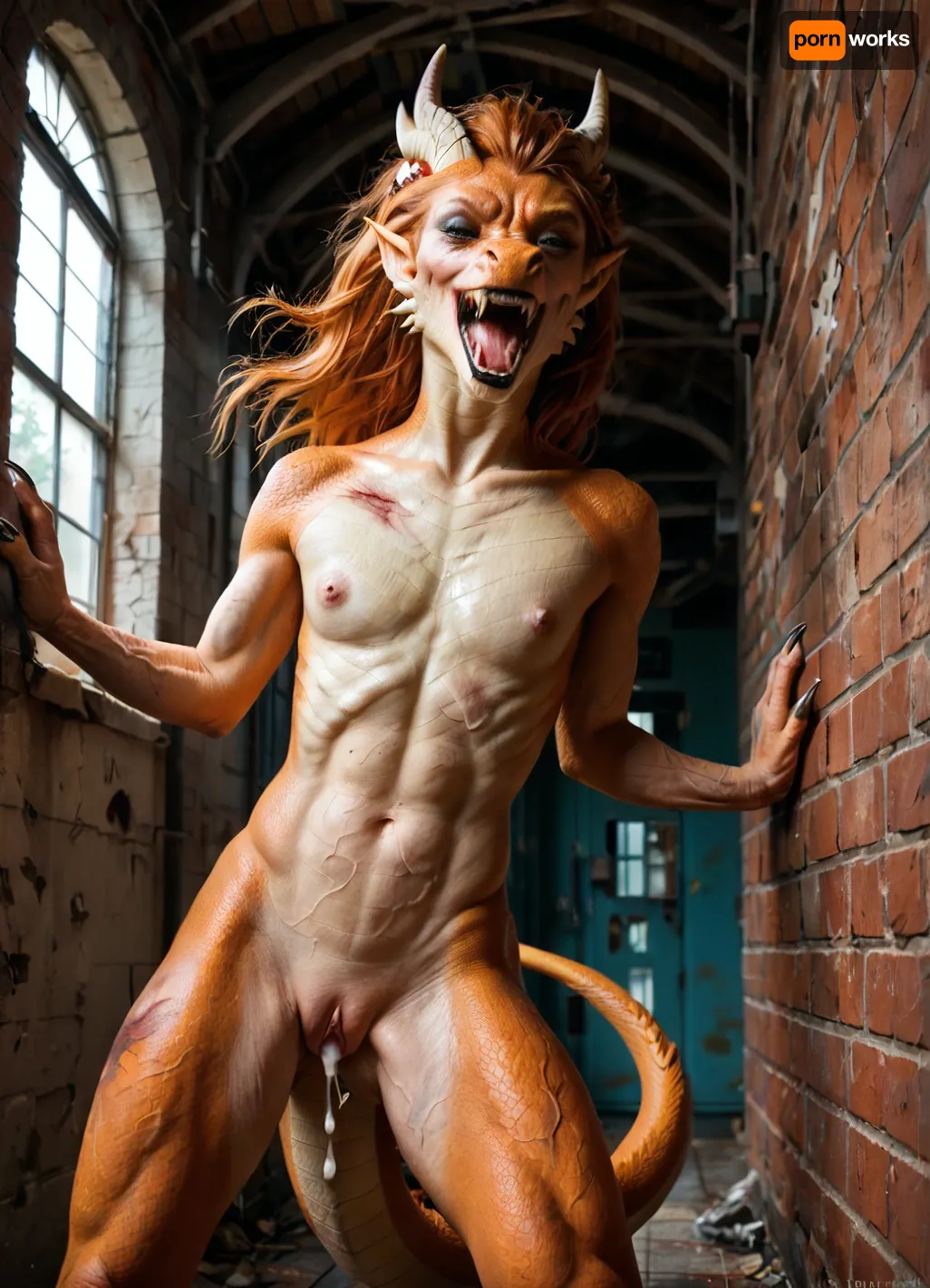 masterpiece, fit vascular, skinny, good lighting, wrecked, wounded, helpless, (pale ginger woman), nude, (intense orgasm), (intense veins all over her body), (bulging detailed vein texture:1.2), (vascular anthro dragon woman:1.3), (realistic dragon fangs:1.2), (black lipstick), (bulging veins), (sharp scaly claws on her hands:1.13), pointed ears, (eyeliner), (running makeup), (cum dripping from pussy), (a little bit of ginger pussy hair:1.2), <lora:SG2:.8>, x, morphing, into, y, <lora:SDXL1.0-LoRa_Zeitgeist-Morphing-Concept_by-AI_Characters-v1.0:.8>, anthro, feral, flat, chested, <lora:flat_chested_v3.5:.8>, (), (tail:1.2)