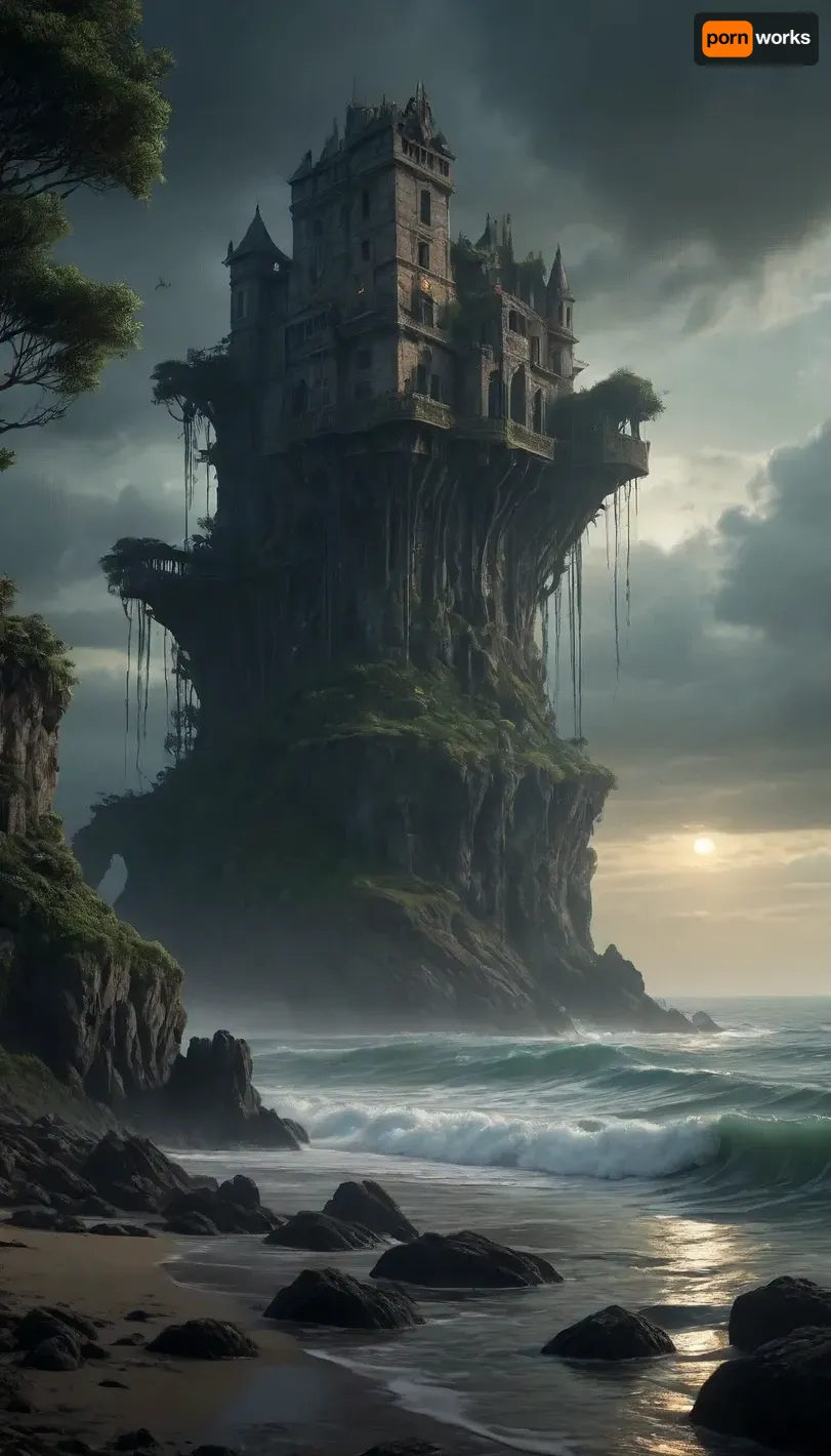 The scene is made on the ocean shore with vegetation in the style of dark fantasy-a dystopia with a very detailed and atmospheric environment. The world in the water is magically infected with glowing anomalies, perverted nature, and the remnants of vanished civilizations. The light is unnatural, casting eerie shadows. The art style combines elements of medieval fantasy.