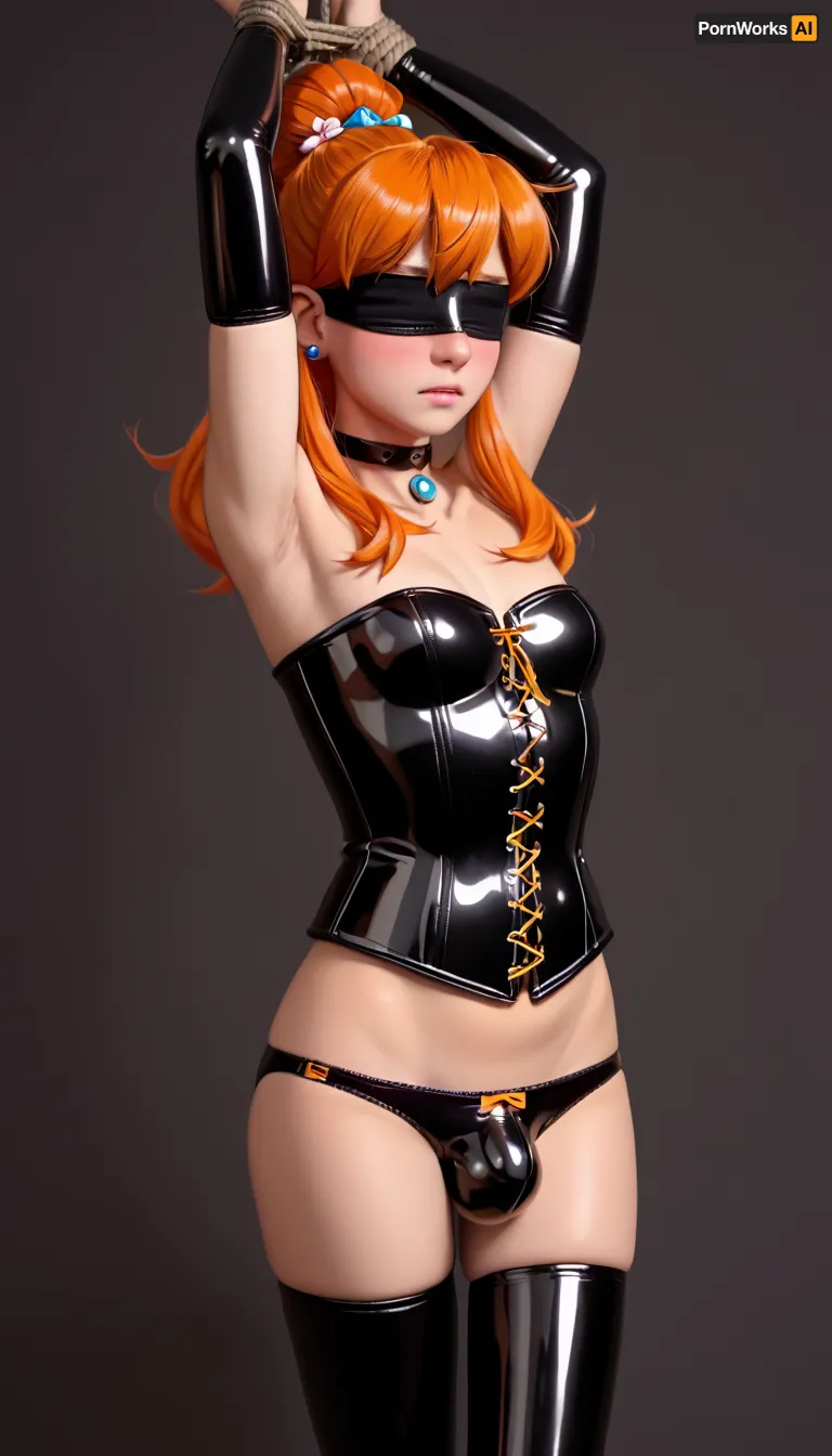 Dross style, 1shemale, solo, Wilma flintstone dressed as a submissive 21 years old in erotic bondage, (focus on bulge), (thigh gap, small breasts, orange hair tied back, voluminous hair), (latex panties, strict leather corset, extreme corset, choker, latex stockings:1.3), (BDSM aesthetic, arms tied, bound arms, arms above head. blindfold), (humiliation, blushing), Trfut, flac-futa, flac-penis, photo, artwork, <lora:SDXLlora4flFut-000014:.7>, <lora:bulgev1-beta:.9>