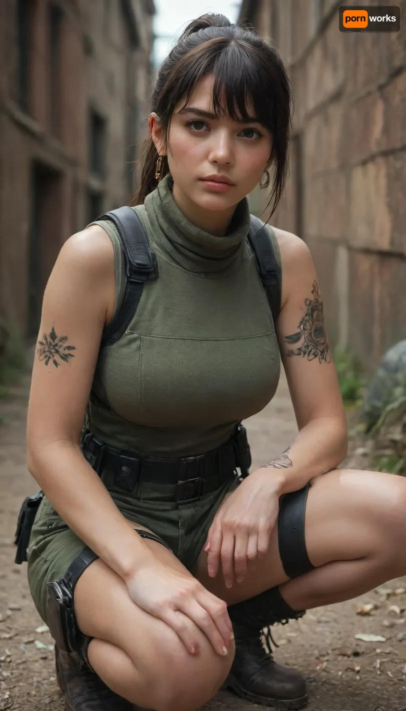 masterpiece, perfect face, 1 girls, ponytail, dark hair, adult, (bangs:1.1), (Realistic X:1.3), turtle neck, sleeveless, short pants, knife holster, squatting, tattoo, thigh belt, gauntlet, (massive:1.6)