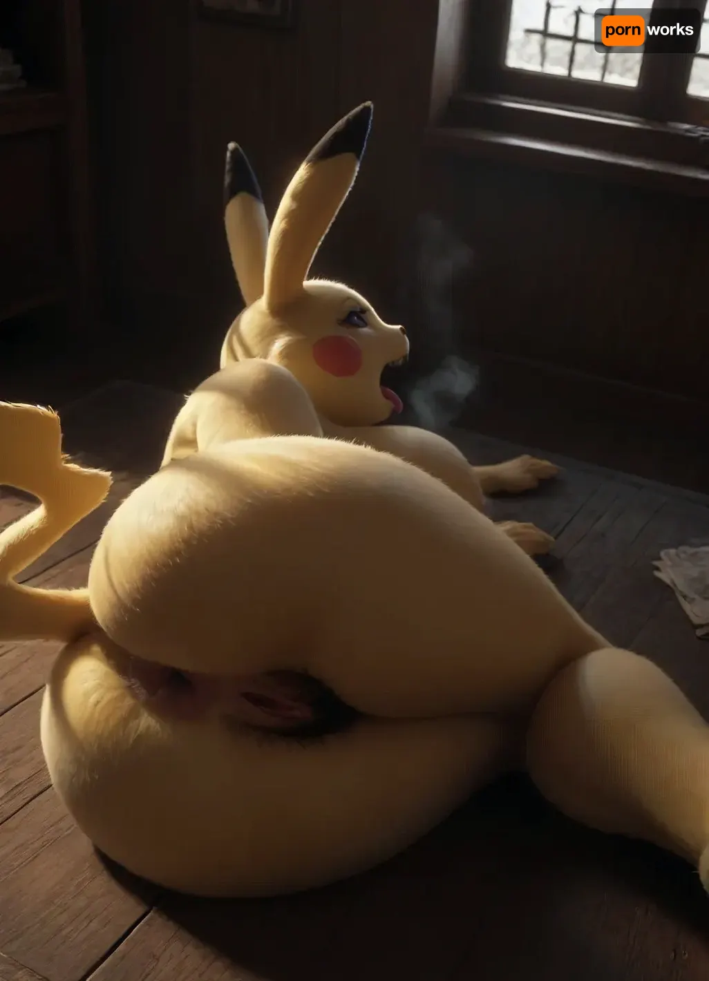 Pikachu, rabbit face, yellow furry, look up, open mouth, tongue out, heavy breath, animalcrossing, big breast, furry, large ass, seductive pose, room, hairy pussy, spread asshole, on sideway, from behind, electric aura, view from above, one leg up, <lora:dark:.4>, <lora:supersaiyanauraXL3:1.2>