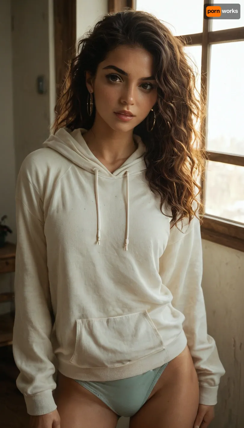A beautiful woman seductively posing by a large window, wearing a sweatshirt and underwear only, daring photography, minimal lighting, shadows, film grain