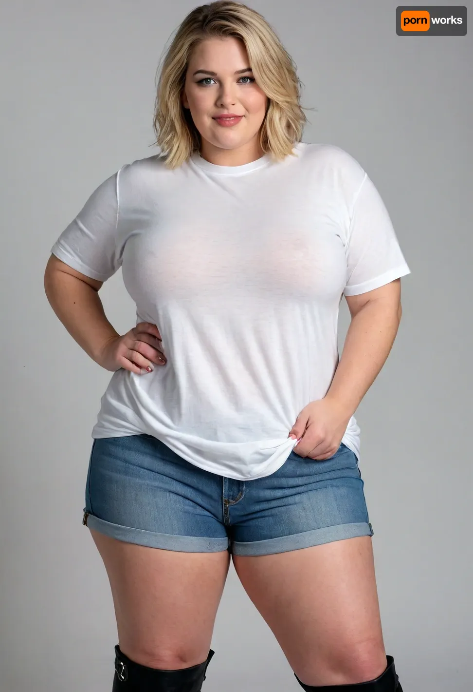 1 woman, white, American, hair, blonde, chubby face, pretty eyes, double chin, broad jawline, fat shoulders, strong arms, (((gigantic breasts under shirt:1.3))), (Wearing a loose wide oversized T-shirt white:1.2), blue Jeans, high Black Boots, high resolution, woman, 50 yo, slight wrinkles in face, looking into camera, Detailed Face, 3/4 body, chubby body, high definition face, high cheekbones, green eyes, seductive smile, fat ass, strong thighs, wide hips, bob haircut, bbw, chubby, plus-size, fat hips
