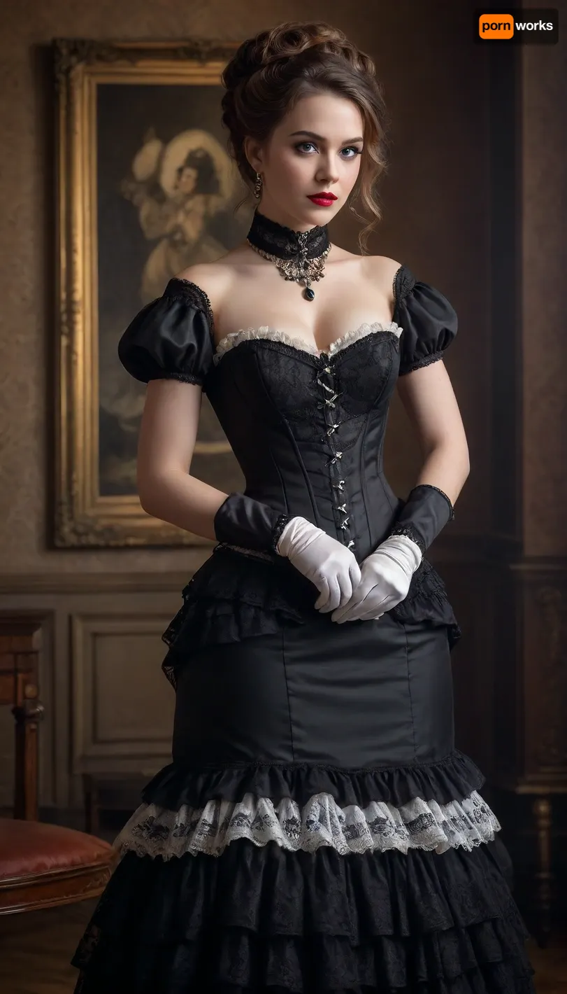 A vintage-style full-body portrait of a woman dressed in an elaborate Victorian-era inspired costume, exuding elegance and charm with a touch of theatrical flair. The outfit features a structured white corset with black beaded detailing along the neckline, creating a sophisticated and glamorous contrast. The corset accentuates her figure, while the black lace gloves add a delicate yet bold element to her look.

The skirt is a layered design with black and white striped fabric and black tulle overlays, featuring intricate polka-dot patterns and ruffled accents that add volume and movement. The combination of textures creates a rich, visually dynamic ensemble. A black choker with a small pendant adorns her neck, perfectly complementing the gothic aesthetic of the outfit.

Her hair is styled in voluminous, curly waves, framing her face with a timeless and dramatic effect. The hairstyle includes a black feather accessory that enhances the theatrical, period-piece look. Her makeup is classic, with a focus on bold red lips and subtly defined eyes, adding to the overall vintage charm.

The background is a muted, warm-toned brown with a painterly texture, resembling a traditional studio backdrop from the late 19th century. The lighting is soft and diffused, creating a warm glow that highlights her features and the intricate details of her outfit, while casting gentle shadows that add depth to the image.

The composition is centered, with the subject standing in a poised and confident manner, one hand resting on her hip and the other delicately holding a part of her skirt. The overall mood is timeless and elegant, evoking a sense of historical drama and classic beauty.