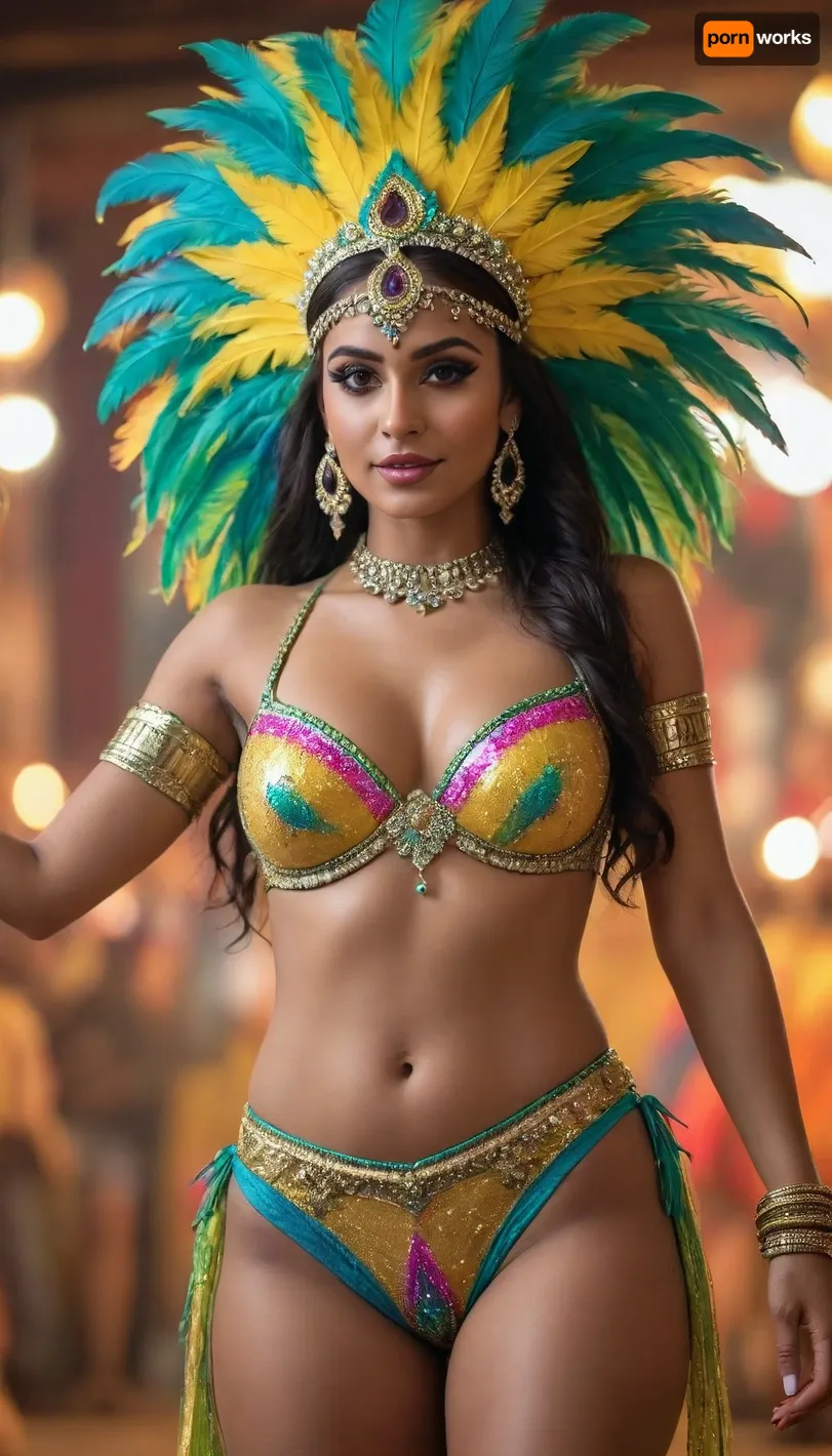 Indian female dressed in brazilian carnival outfit, bright expressive colors, gorgeous, attractive, flirting, (((full body visible))), looking at viewer, portrait, photography, detailed skin, realistic, photo-realistic, 8k, highly detailed, full length frame, High detail RAW color art, piercing, diffused soft lighting, shallow depth of field, sharp focus, hyperrealism, cinematic lighting