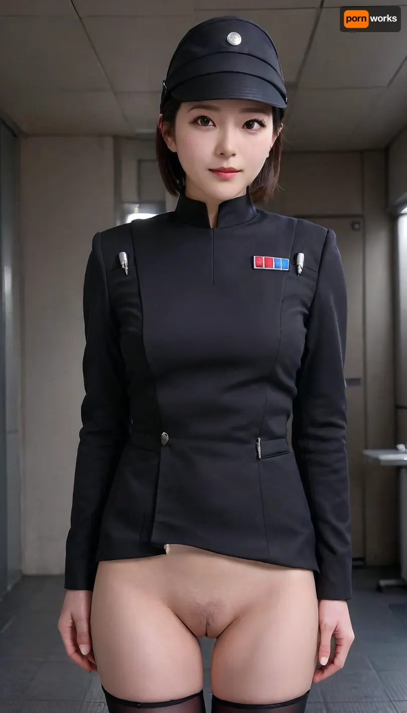 30 years old milf lady, Very attractive, short slicked hairstyle, Imperial, officer, wearing, a, (black), uniform with imperial officer hat, short tunic that makes her genitals visible, nude genitals, ((no pants on)), ((naked visible genitals)), very hairy pussy, dark spaceship background, skirtlift, aiuehara, <lora:Imperial Officer:.8>, <lora:skirtlift_xl:.5>, <lora:aiUehara_LoRA_R21:.8>