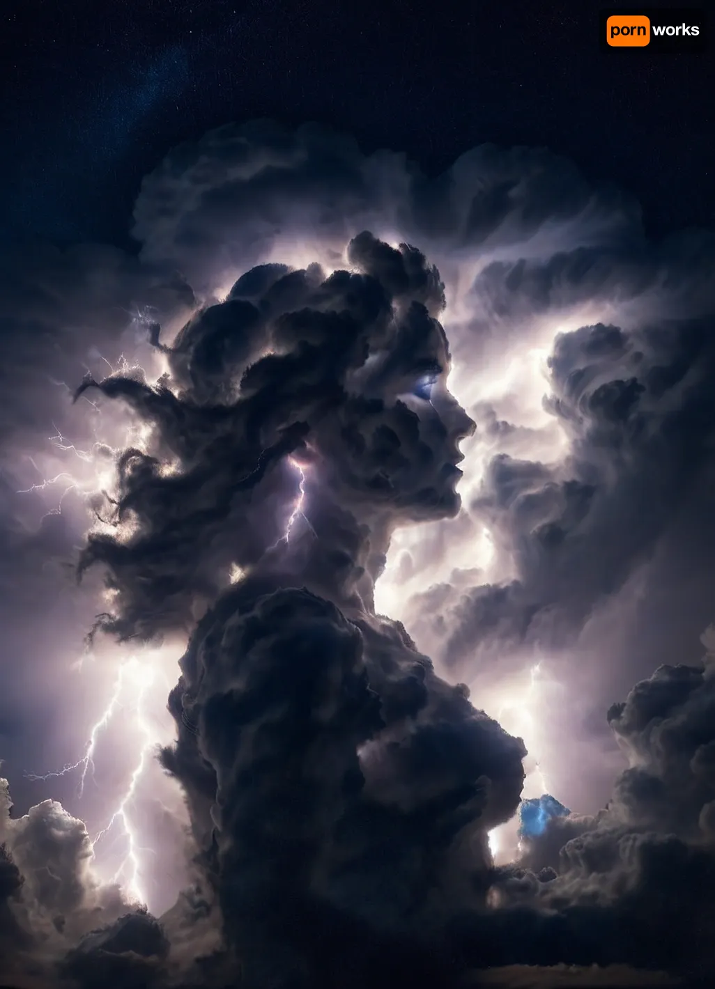 fully body image, stormy clouds, dark sky, a cloud that look like a beautiful young girl, lightning sparking through the clouds, turning face towards viewer, martius_storm woman, <lora:Storm_Cloud_Style_SDXL:.8>, <lora:Aether_Cloud_v1:.8>