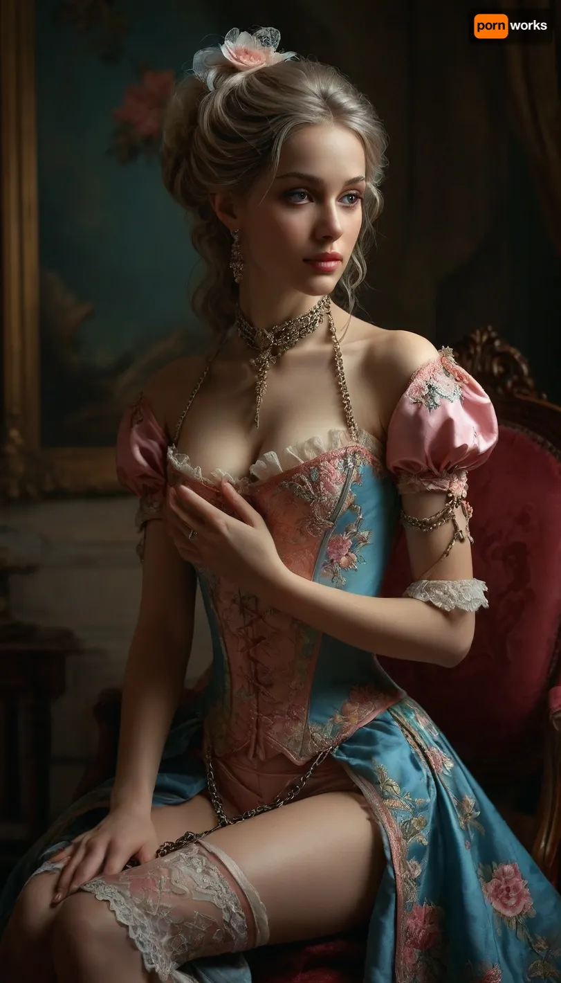 woman, a painting of a women, inspired by Jean-Baptiste van Loo, trending on cg society, rococo, medieval high fashion, sakimichan frank franzzeta, imperial royal elegant clothing, pink and blue, cg society, rendering, Lori Earley, profile picture, 1800s painting, elegant glamorous cosplay, rococo color palette, by Magali Villeneuve, fully clothed. painting of sexy, aesthetic, trending on pintrest, powdered wig, the empress tarot card, historical reenactment, perfect hands, five fingers, perfect fingers, correct arms, correct hands, perfect legs, perfect body, correct clothes, sucking cock, sex from behind, correct anatomic body, correct anatomic legs, correct anatomic hands, correct fingers, only five fingers, correct anatomy, correct body, correct legs, Garterbelt, black, fabric, floral, embroidery, wearing, the, garterbelt, iron, chains, <lora:MJ52:.8>, <lora:GarterbeltXL:.8>