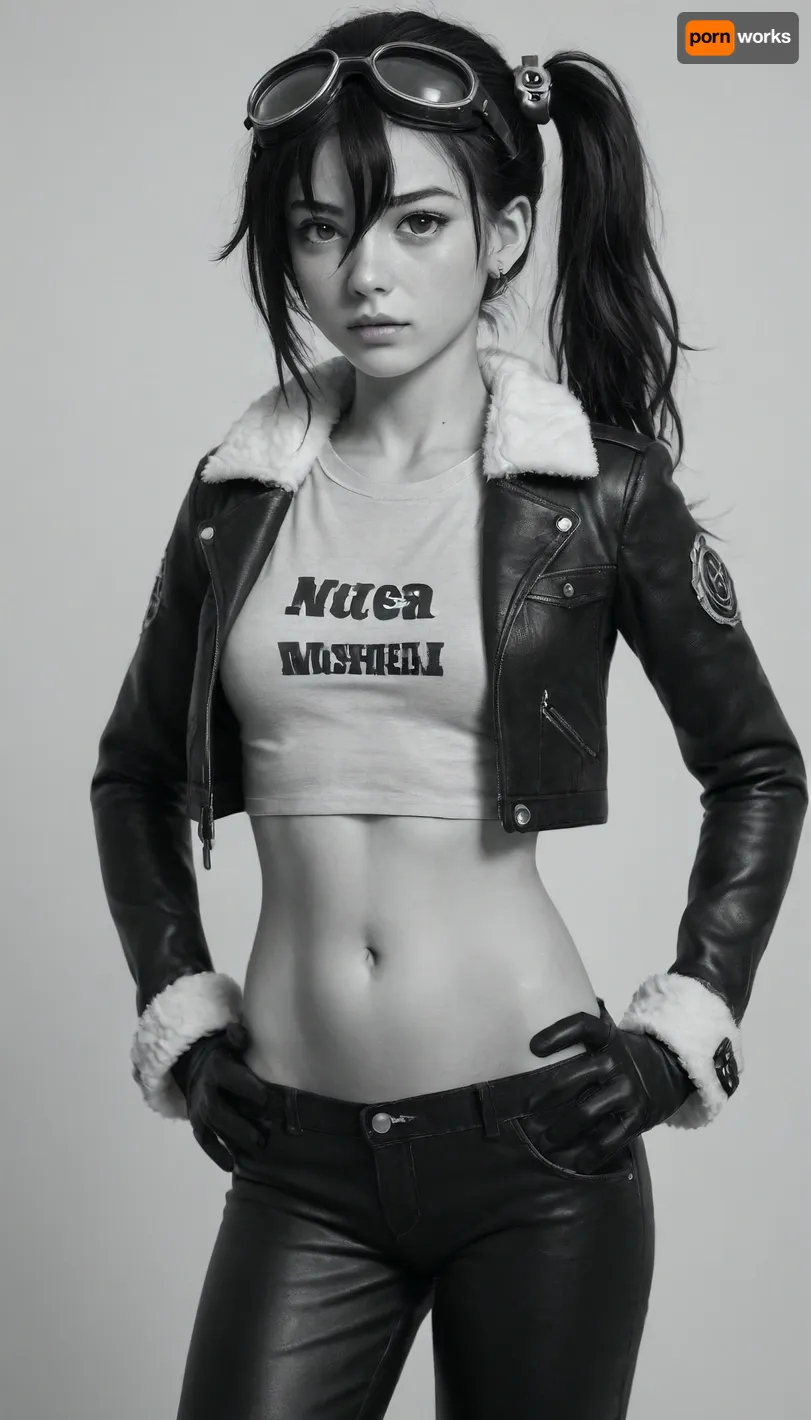 teriibol, 1girl, solo, long hair, breasts, looking at viewer, blush, simple background, gloves, long sleeves, tall, pose, white background, navel, hair between eyes, jacket, monochrome, greyscale, small breasts, parted lips, steampunk clothes, pants, t-shirt, mole, side ponytail, gear hair ornaments, open jacket, leather jacket, fur trim, hand on hip, large goggles, cropped jacket