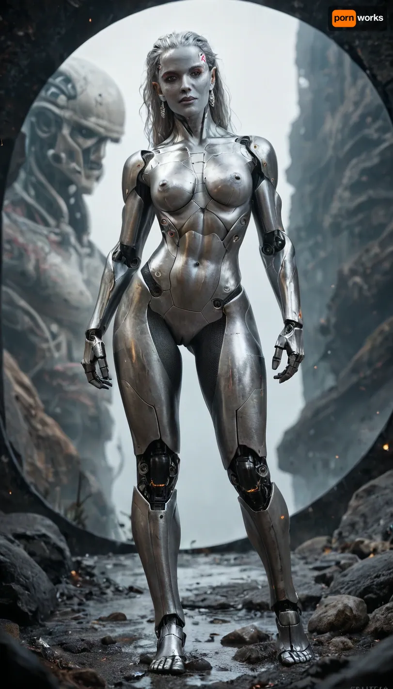High resolution, super detailed, super realistic, Brunetka 25 lat, nude, silver skin, woman-cyborg, metallic skin, cyborg woman, steel skin, full body, perfect face, perfect metalic pussy, alien planet