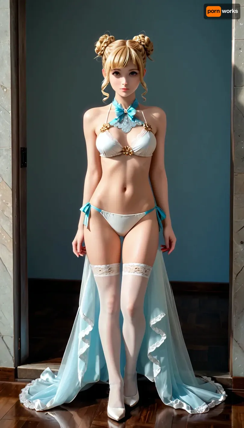 beautiful girl, short pixie haircut, blonde, bare breasts, looking at the viewer, 4ng3l, face, detailxl, WhiteRealStockings, fashion bikini, underwear, Lace, braided, double, bun, floofy, bob, side, twin, drills, twintails, ojou, curls, mega, ponytail, big, hair, carefree innocent look, full body view, <lora:xl_more_art-full_v1:.5>, <lora:SDXL_BetterFaces-LoRA_v1:.5>, <lora:WhiteRealStockings_XL:.5>, <lora:Bikini_02_lora:.5>