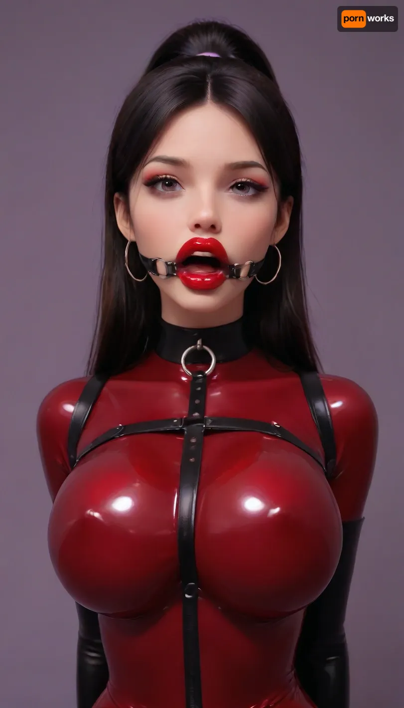 (Violet Parr:1.5), woman, high quality, high detailed face, high detailed, bimbo, (makeup, smokey eyes), breast expansion, ((big lips:1.5), bright red lipstick:2), ((mouth harness, open mouth gag)), latex crop top, visible underboob, lipstick, black hair, (high ponytail), chocker, purple background, bmbplora, <lora:ThePitXL:.8>, <lora:bimboxl_02:.8>, latex, catsuit, corset, bondage, armbinder, <lora:BoundXL:.8>