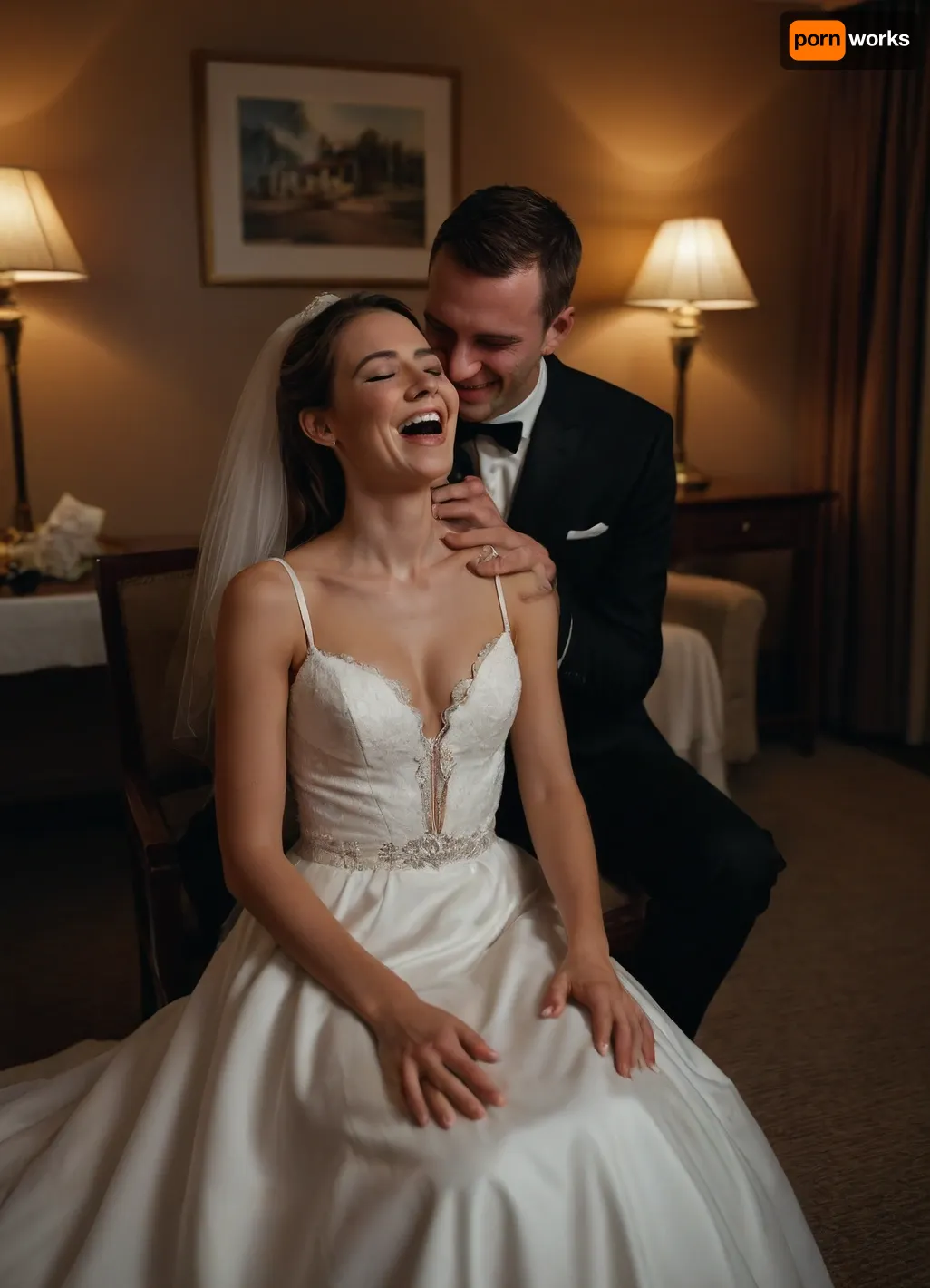 A wedding scene in a honeymoon suite, a bride in a white wedding gown tying her cuckold groom to a chair, the groom with tears in his eyes, a live video call screen showing the bride in a cheap motel room with her lover, the bride laughing mockingly, intimate and humiliating atmosphere, dark and cinematic lighting, highly detailed, provocative and emotional
