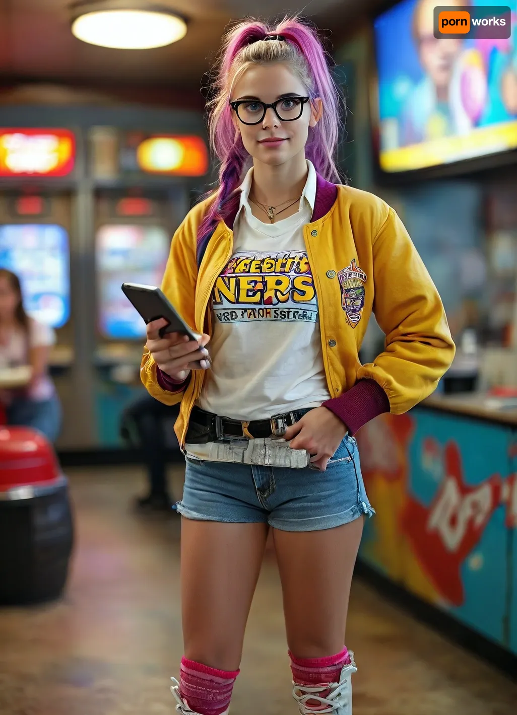 Revenge of the Nerds all female cast, **Movie Poster Prompt, All-Female Remake of *Revenge of the Nerds***

The movie poster for an all-female remake of *Revenge of the Nerds* features an electrifying blend of bold colors, edgy humor, and a modern feminist twist on the classic. The central image is of five diverse, confident young women standing strong, with each of them showcasing their own unique, quirky personalities. They're gathered in a triumphant, slightly rebellious pose, with a mixture of determination and mischief in their eyes.

**Main Characters, **

1. **The Brainy Leader**, A woman with oversized glasses, dressed in a bright, stylish, and somewhat unconventional lab coat. She’s holding a laptop in one hand and a textbook in the other, embodying both intelligence and coolness. Her glasses reflect the digital world, hinting at a mastery of technology.

2. **The Jock Nerd**, A muscular, athletic woman wearing a vintage varsity jacket, combined with sneakers and a science-themed T-shirt. She confidently holds a basketball in one hand, while the other clenches a smartphone. Her posture shows she's both physically powerful and mentally sharp.

3. **The Fashion Geek**, A fashionable, creative woman with wild, brightly colored hair. She’s rocking a trendy DIY outfit, made of eclectic fabrics and accessories, with a sketchbook under her arm. She's flashing a big smile, full of personality and charm, signaling she's defying expectations of "nerdy" style.

4. **The Rebel**, A mysterious woman with a leather jacket, combat boots, and a stack of comics or graphic novels in hand. Her rebellious aura exudes independence, but there's a twinkle of humor in her eyes, hinting that she's not afraid to break the rules to make her own mark.

5. **The Tech Guru**, A quiet but fierce woman sitting on a high-tech gadget-laden hoverboard, surrounded by holographic screens. Her eyes are intense, focused on her latest coding project, with a futuristic vibe that blends both cutting-edge innovation and youthful energy.

In the background, you can see the contrast of their old, outdated college with the modern, colorful graffiti that covers the walls, symbolizing their mission to turn the stereotypical "nerdy" image on its head and make it their own. The setting evokes a playful, rebellious tone, combining techie culture with college hijinks.

**Tagline**, *Brains. Brawn. Beauty. Revenge.*

The tagline hovers just above the title in bold, electric neon lettering, with the phrase “Revenge of the Nerds” placed prominently at the bottom. The title appears in bright purple and yellow, with a quirky 80s-style font that nods to the original, but updated with a sharp, contemporary flair., <lora:MJ52:.8>, but, <lora:BUT_SDXL_SHS:.8>