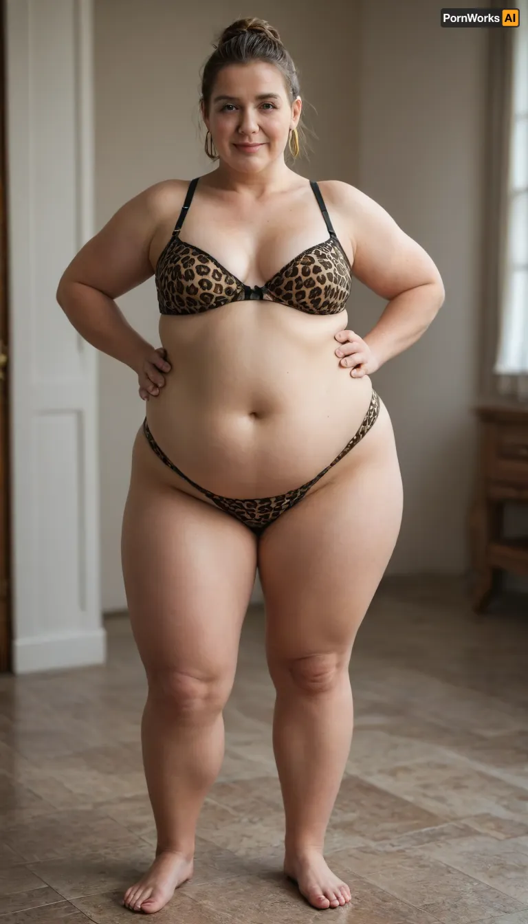 (obese:1.6), Very short, 50 year old mature woman, (Gilf:1.3), 1girl, solo, long_hair, (small breasts), smile, medium_breasts, ash_brown_hair, cleavage, bare_shoulders, big_eyes, beautiful_eyes, full_body, hoop earrings, barefoot, light_skin, wide hips, chubby belly, flabby, light-skinned_female, hand_on_hip, blurry_background, (leopard_print_high-cut_high-leg_full_brief_panties, bra), (masterpiece, detailed, highres:1.4)