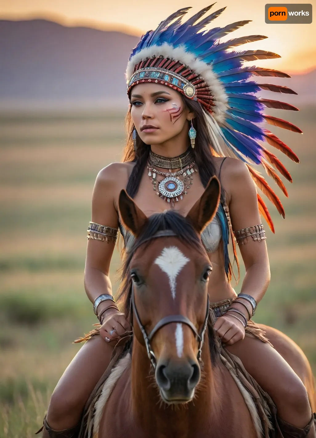 A adult beautiful slender Sioux Indian woman with a large colorful Indian Sioux feather headdress and war paint riding a horse on the prairie, She has a pretty coquettish faded face, elaborate hairstyle, small breasts, detailed crystal eyes, light glowing irises, heartshaped lips, lip gloss, aroused skin, sunset, long shadows, ancient native mood, detailed photo, photorealistic photo, realistic pretty women photo, night vision, soft fokus, parallax, overexposure, view from back, #©KITTYART



































#©KITTYART