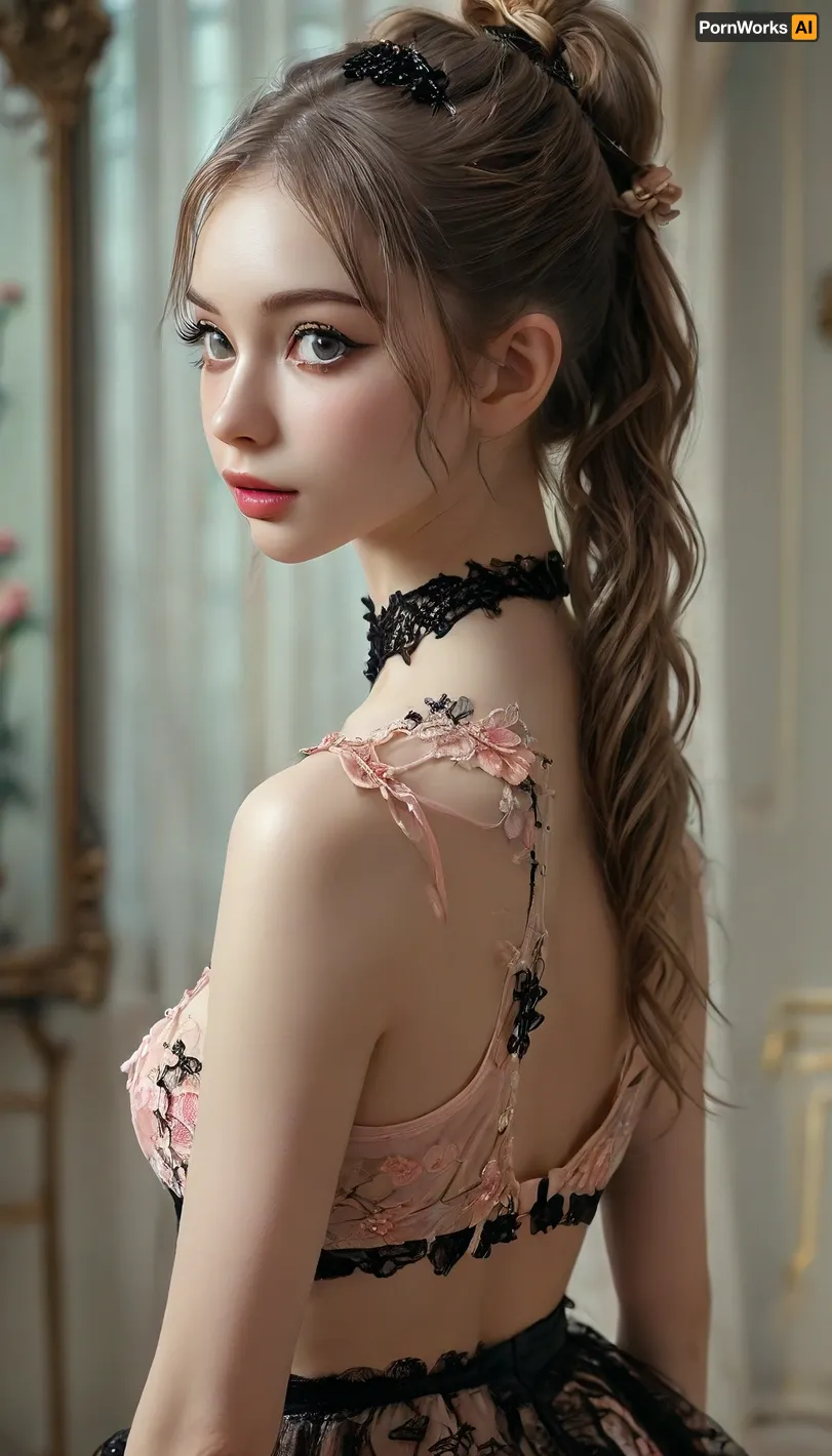 (((view from behind))), (((perfect round butt))), (((looks back at viewer))), (((stand))), (((high ponytail))), (((skinny))), (((eye contact))), (((very young pretty girl))), belly cutout, transparent, Padme Amidala, Garterbelt, black, fabric, floral, embroidery, wearing, the, garterbelt, shock, (((moles all over the body))), (ultra realistic:1.3), (maximum quality:1.3), (high resolution:1.3), (extreme detail:1.3), (ultra realism:1.3), (maximum detailed skin:1.3), (((face, chest, navel, hips))), (((long big thick black eyelashes))), ((narrow waist)), ((wide hips)), ((makeup)), ((blush)), lipstick, (((eyes contact))), <lora:MJ52:.5>, <lora:GarterbeltXL:.5>, <lora:Oxygen girl_SDXL1.0:.2>, <lora:karina_sdxl_v10:.3>, <lora:Midjourney Image Enhancer XL v1:.8>