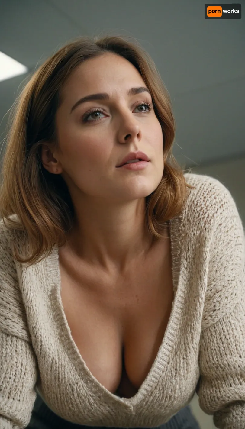 woman, downblouse, sweater, office, low angle shot, <lora:RealDownblouseXL2:1>, <lora:Jenna1024-000320:.5>