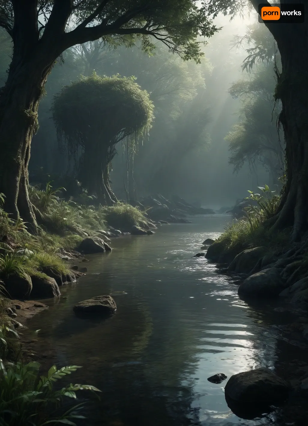 The scene shore with vegetation in the style of dark fantasy-a dystopia with a very detailed and atmospheric environment. The world in the water is magically infected with glowing anomalies, perverted nature. Light that casts eerie shadows. The art style combines elements of medieval fantasy.