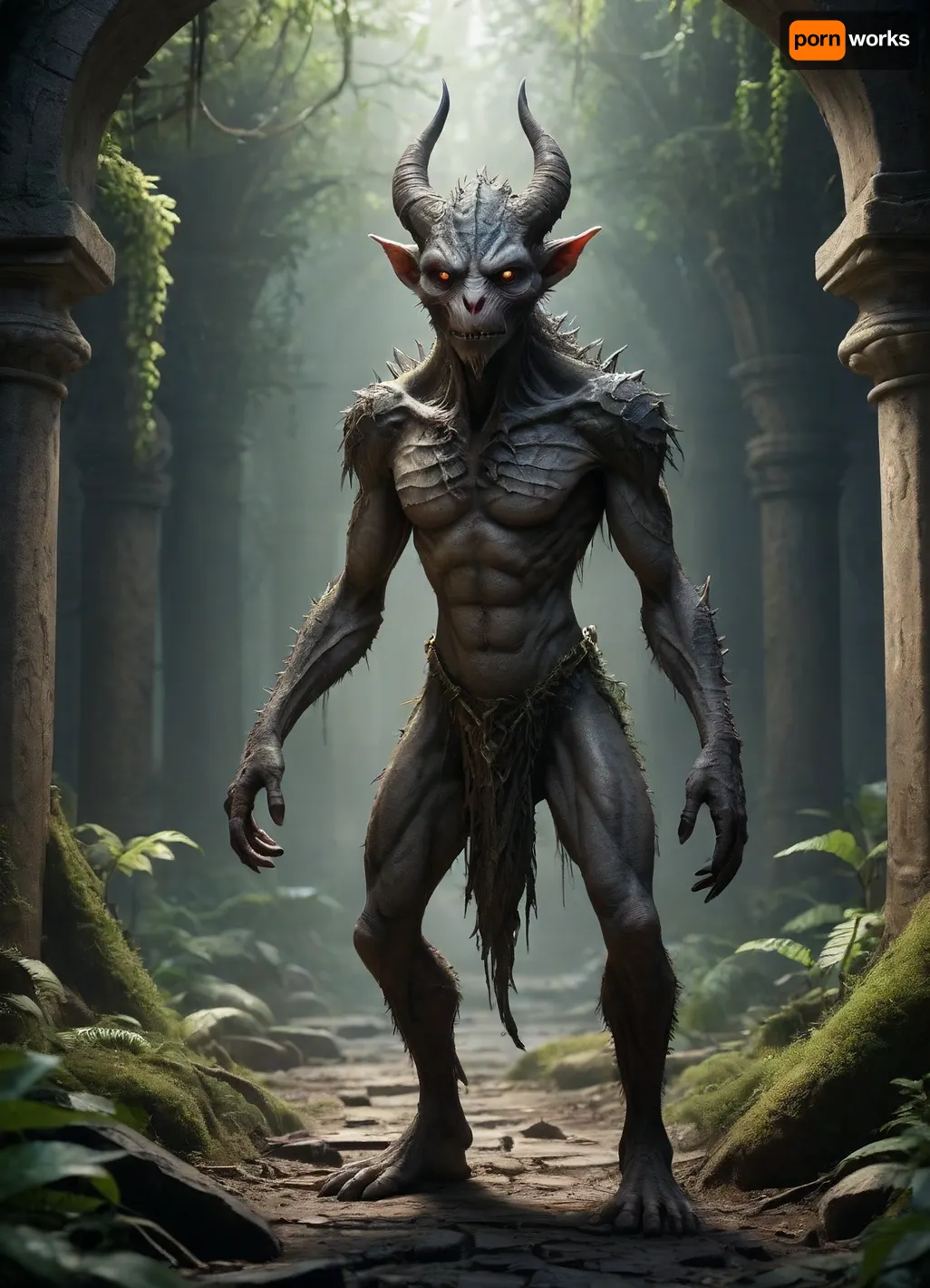 The scene is in the style of a dark fantasy \, a dystopia with a very detailed and atmospheric environment. The world is destroyed, but magically, overgrown ruins, polluted by glowing anomalies, perverted nature and the remnants of vanished civilizations. The light is dim or unnatural, casting eerie shadows. Creatures and characters \ are mystical, hybrid, animal-like anthropomorphic creatures, with dangerous or wild traits. The art style combines elements of medieval fantasy.