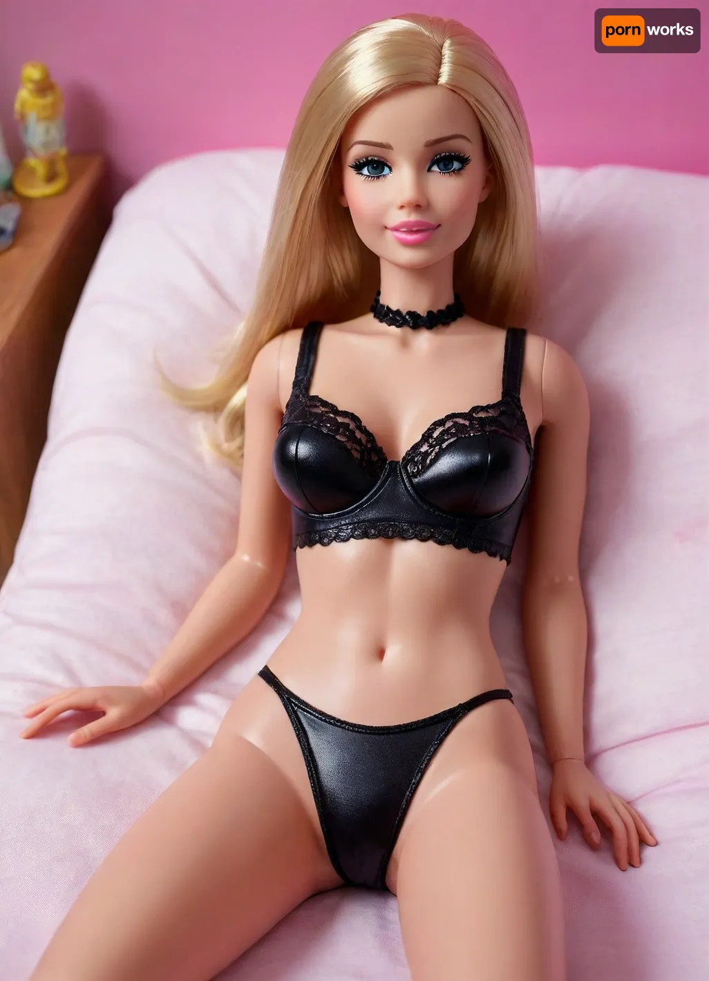 life size barbie doll, original barbie doll, joint lines at shoulders, joint lines at hips, (plastic skin:1.2), (glossy skin), full body view, (balls joint doll), (barbie:1.3), doll face, plastic face, (plastic doll:1.2), lying on a bad, spreading legs wide, (cum covered:1.2), (cum on face:1.2), (black bra), (black panties), hand in panties, fingering