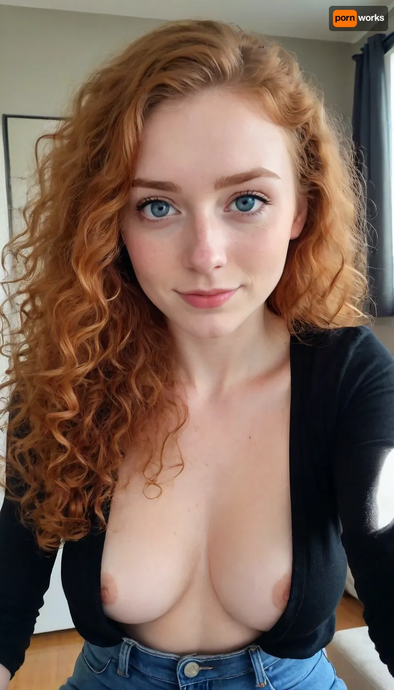 one girl 18 years old, iPhone shot, selfie, shy smile, slim body, fit body, flat chest, curly long ginger hair, big blue eyes, pulled up black shirt, open jeans, attraction, medium perfect breast, detailed