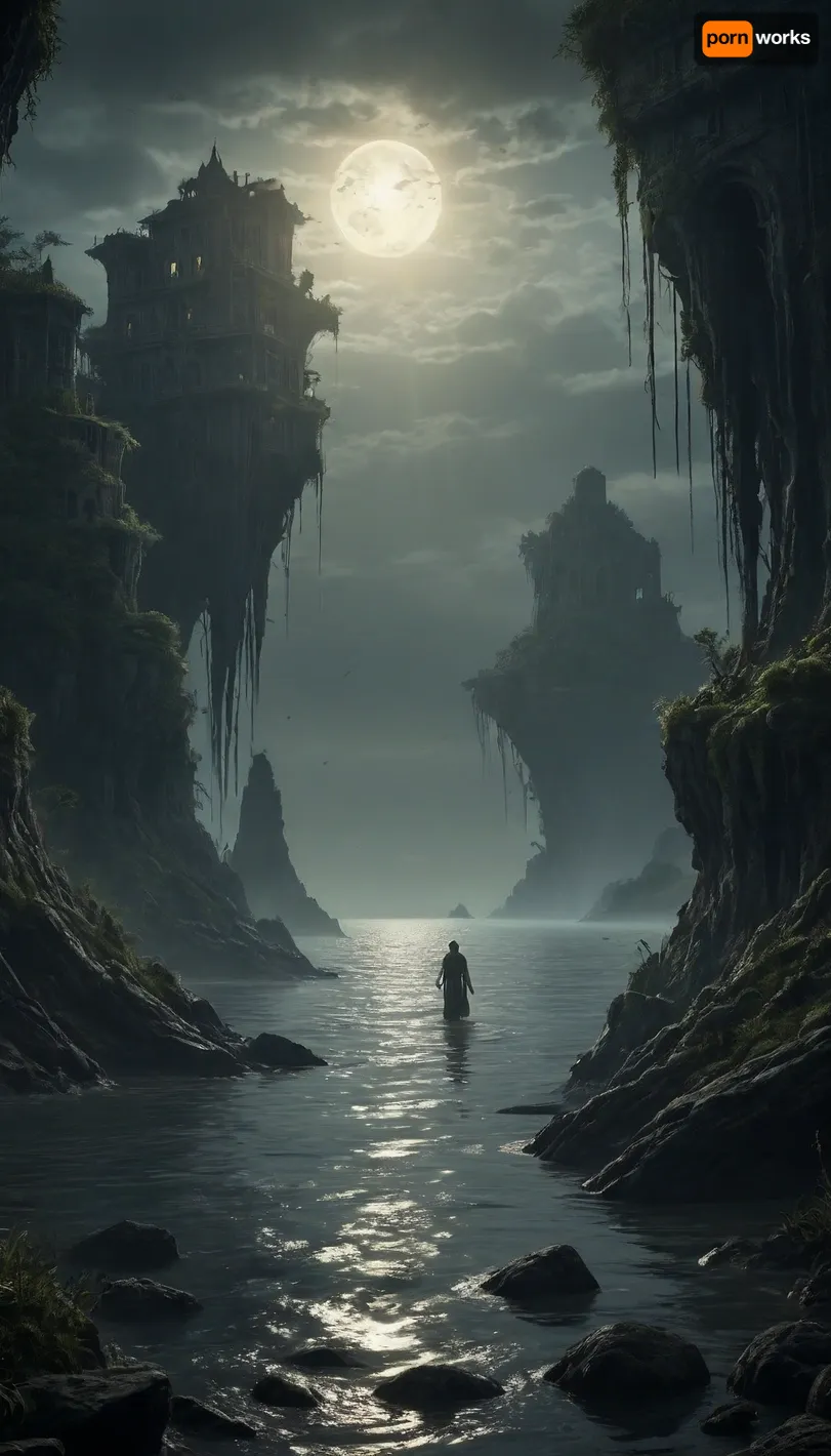 The scene is made on the ocean shore with vegetation in the style of dark fantasy-a dystopia with a very detailed and atmospheric environment. The world in the water is magically infected with glowing anomalies, perverted nature, and the remnants of vanished civilizations. The light is unnatural, casting eerie shadows. The art style combines elements of medieval fantasy.