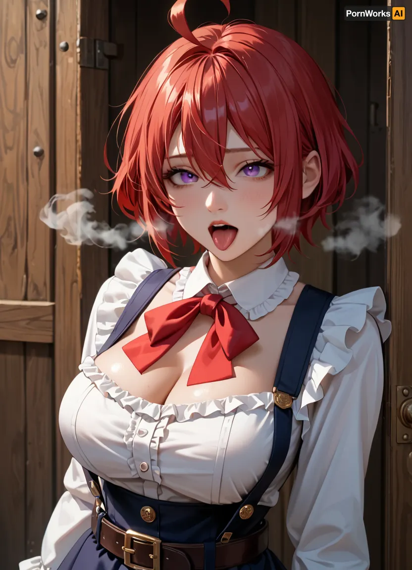 score_9, score_8_up, score_7_up, anime screencap, masterpiece, 4k wallpaper, best quality, 1girl, solo, short hair, hair between eyes, ahoge, red hair, purple eyes, pinafore dress, blouse, white shirt, frilled shirt, cleavage, large breasts, long sleeves, suspenders, loose belt, black belt, anime style, up skirt, red pantie, ahegao face, ((steam)), ((steamy)), visible breath