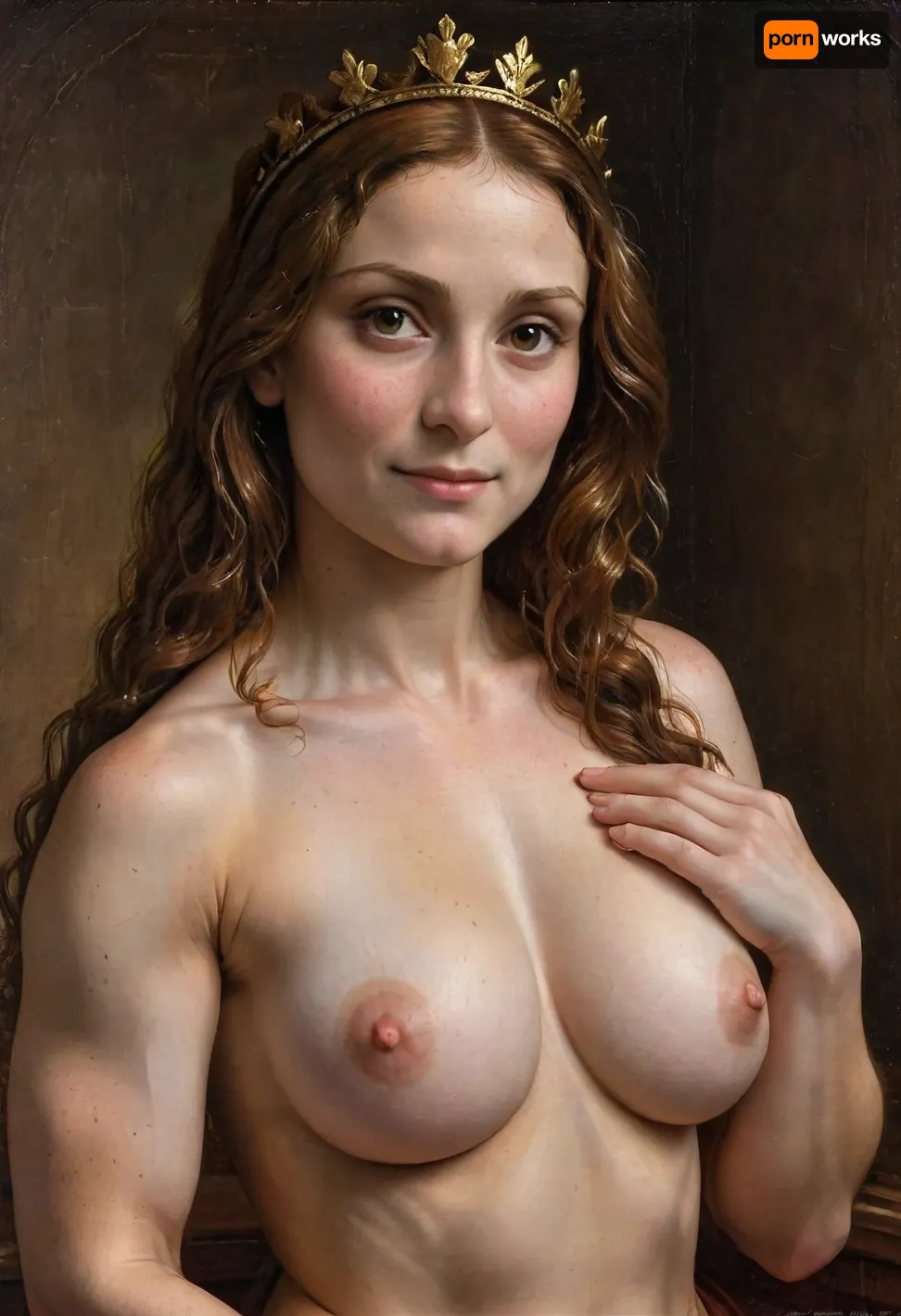 (a painting in the style of Leonardo da Vinci:1.8), a female craftsman builds a humungous glittering crown of large jewels, 6bhnd, dvnc, <lora:484525_training_data:1.8>, <lora:dvnc:1.5>, (small breasts:1.8), seductive smirk, athletic body tone, ((six pack abs)), powerful dynamic pose, uberfit, muscular, athletic, <lora:Super_Eye_Detailer_By_Stable_Yogi_SDPD0:.6>, <lora:uberfit_lora_sdxl:.4>