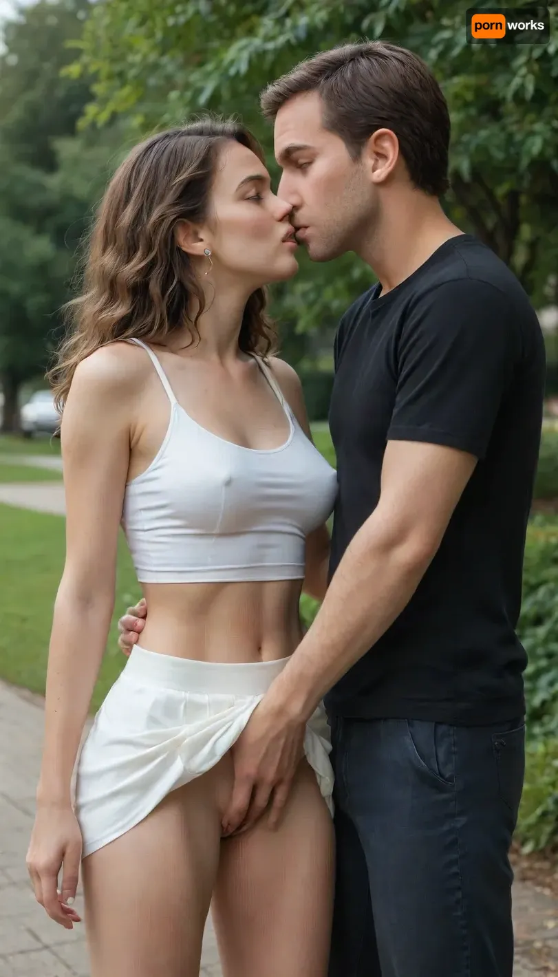 a man and a woman kissing, park, standing, groping, skirt lift, fingering pussy, beautiful stocky 35 year old woman, perfect hourglass figure, straight brown hair, blue eyes, medium saggy breasts, woman dressed in white short skirt and crop top
