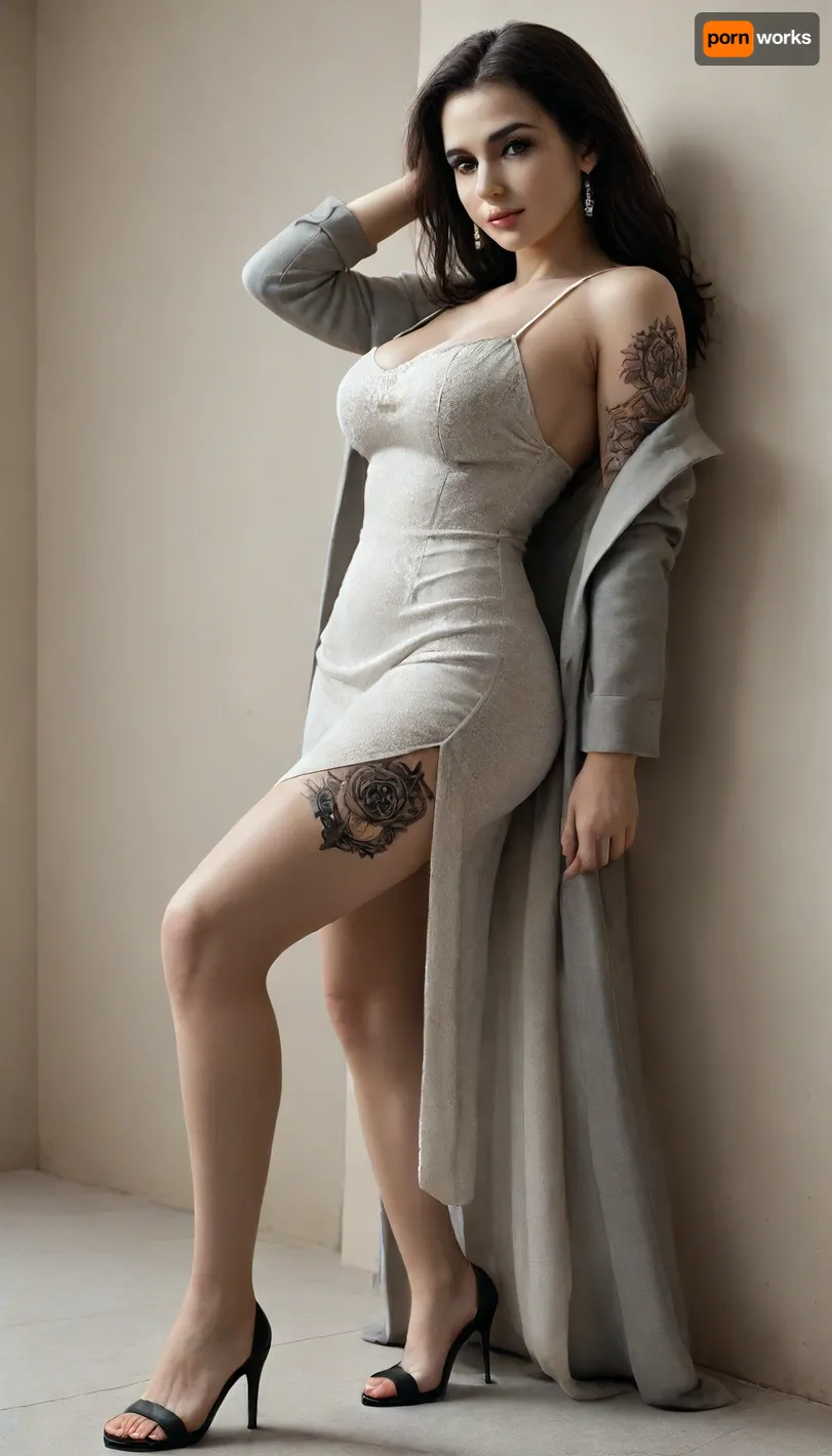 Perfect body, Nordic face, Russian, 25 years old girl, (((straight dark hair))), ((posing in studio)), (sexy pose), (asimetrical pose:1), (wearing long silver dress and classic grey coat), black high heel sandals, narrow waist, (tattoos on thighs), big breasts, perfect hands, perfect face, (side view), C4st1ng, c0uch, <lora:C4st1ng_c0uch:1>