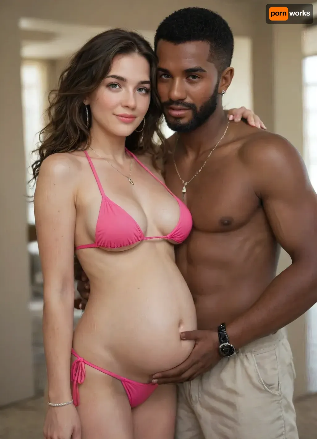 1girl, dark_skin, 1boy, jewelry, swimsuit, bikini, dark-skinned_male, ring, breasts, facial_hair, pregnant, necklace, long_hair, navel, side-tie_bikini_bottom, bracelet, beard, smile, black_hair, brown_hair, looking_at_viewer, medium_breasts, watch, hetero, very_dark_skin, wedding_ring, topless_male, hand_in_pocket, brown_eyes, couple, lips, pink_bikini