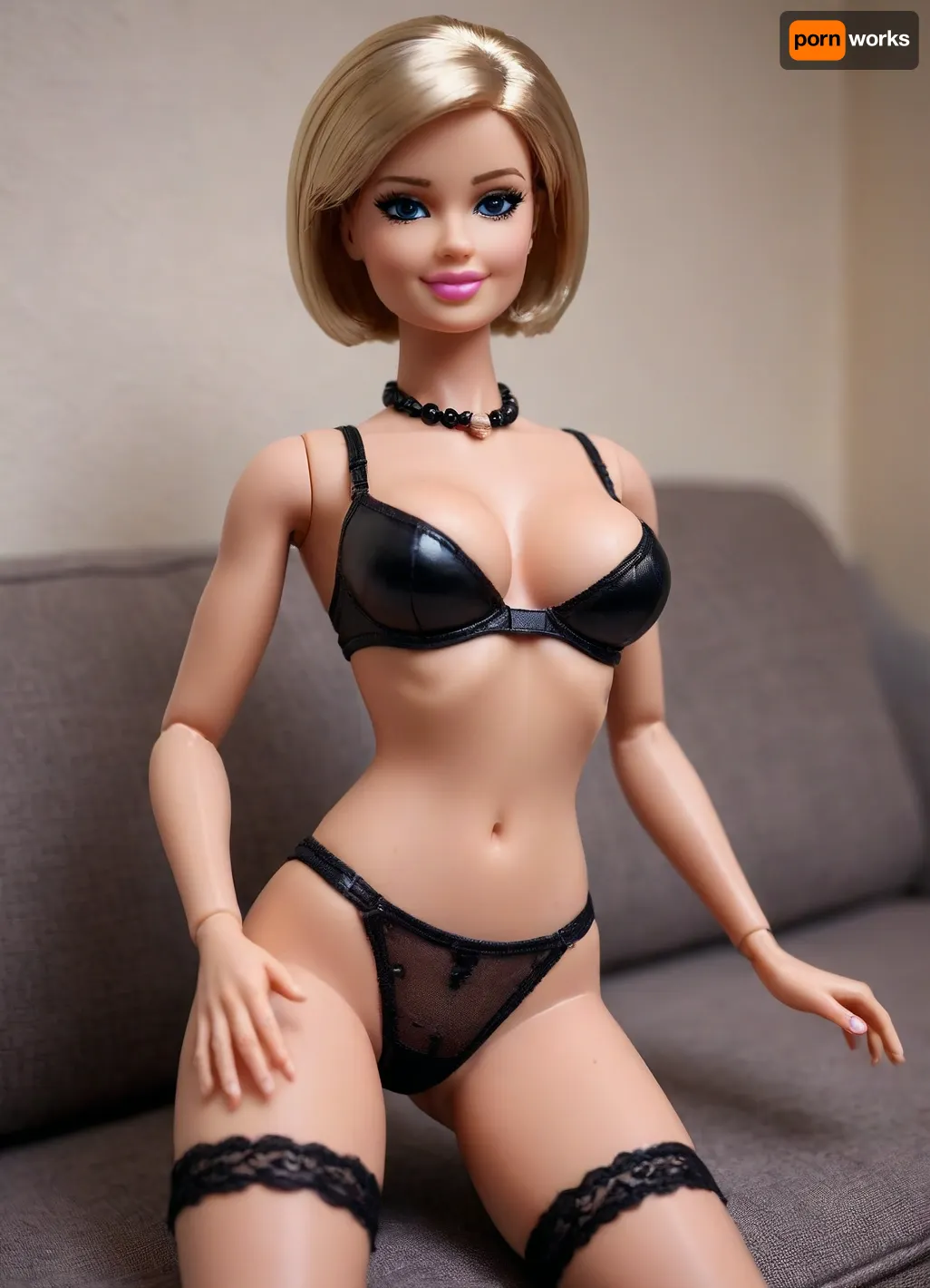 barbie doll, toy, (big breasts), plastic body, sexdoll, doll house, macro photo, short hair, messy hair, wicked smile, sly look, original barbie doll, joint lines at shoulders, joint lines at hips, (plastic skin:1.2), (glossy skin), full body view, (balls joint legs), (balls joint arms), (balls joint knees), (balls joint feet), (balls joint hips), (balls joint hands), (balls joint doll), (barbie:1.3), doll face, plastic face, (plastic doll:1.2), (sitting on a sofa), (legs apart), (spreading legs wide), (black bra), (black panties), tiny panties, lying in sexy pose, posing, vinyl lingerie, (black stockings), low angle perspective, (view from below:1.3), close up